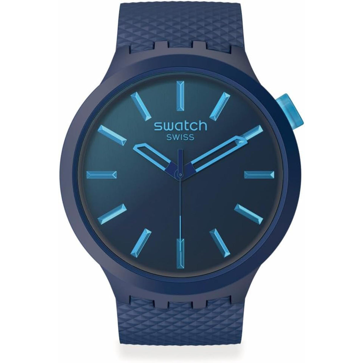 Indigo blue silicone strap round watch with blue dial and raised hour markers