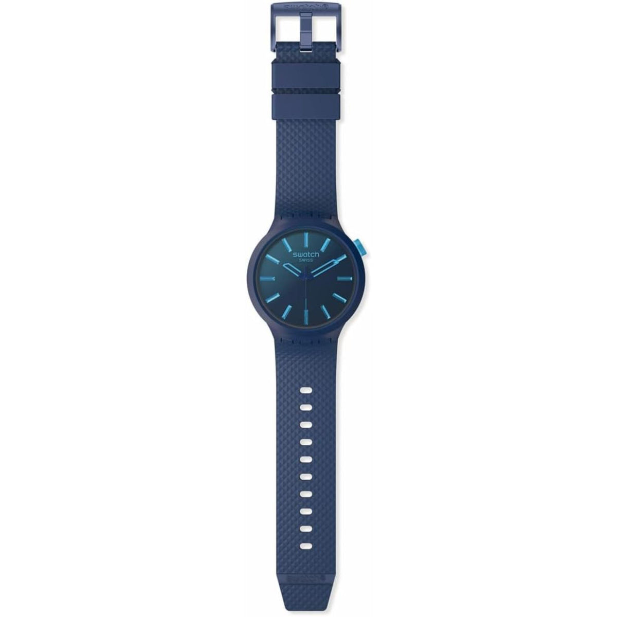Indigo blue silicone strap watch with round case and blue dial, side view