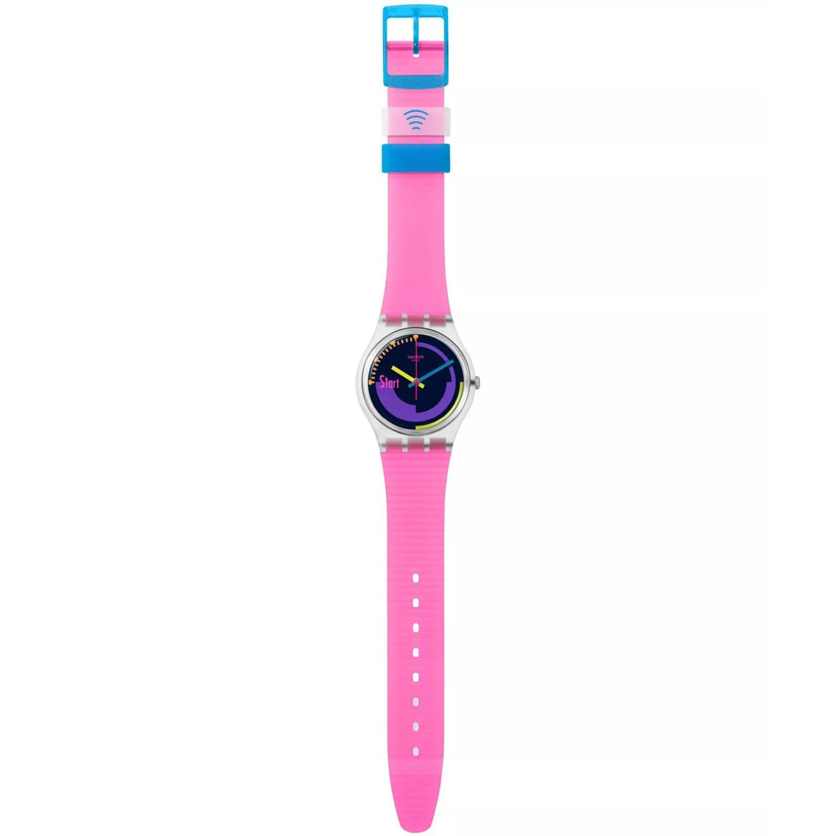 Swatch watch with pink silicone strap, purple dial, and blue clasp detail