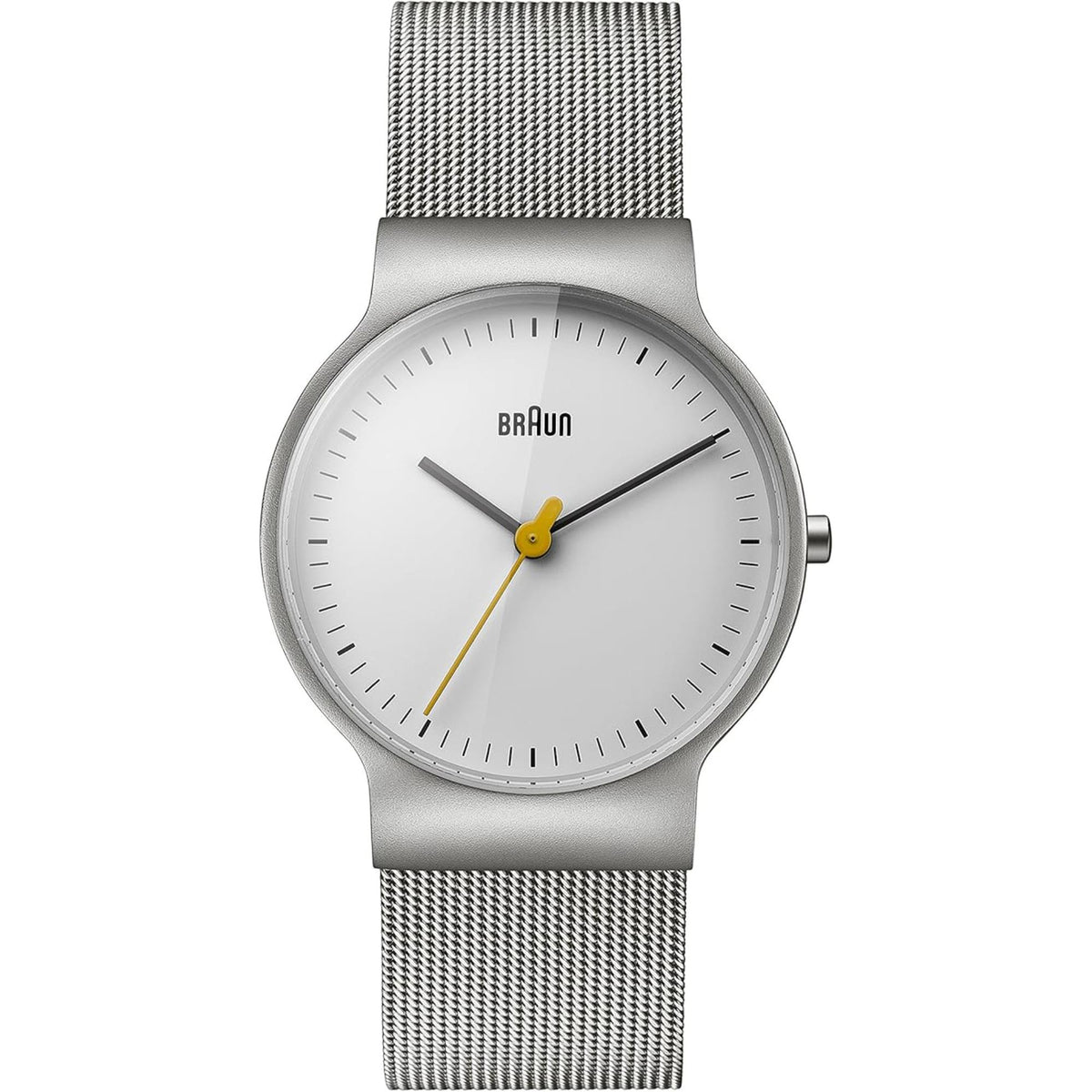 Ladies quartz watch with white dial, silver mesh bracelet, and yellow second hand.