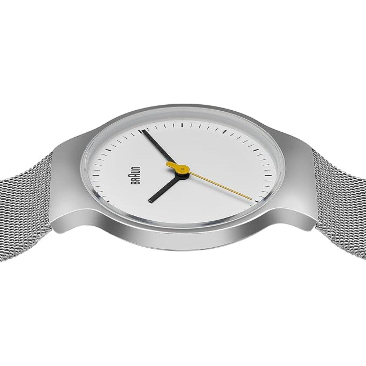 Ladies quartz watch, top view: white dial with black hands and yellow second hand.
