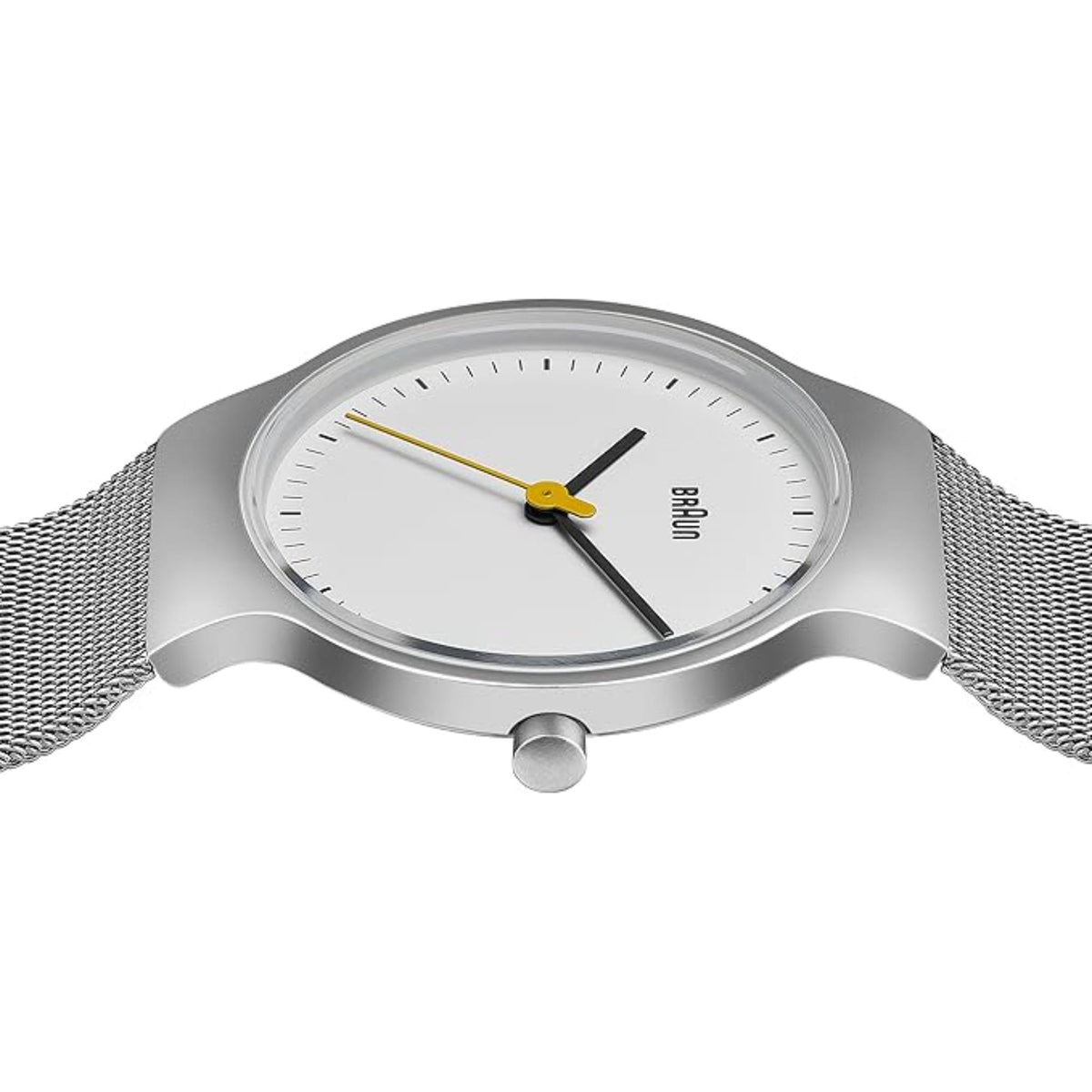 Ladies quartz watch close top view with yellow and black hands on white dial.
