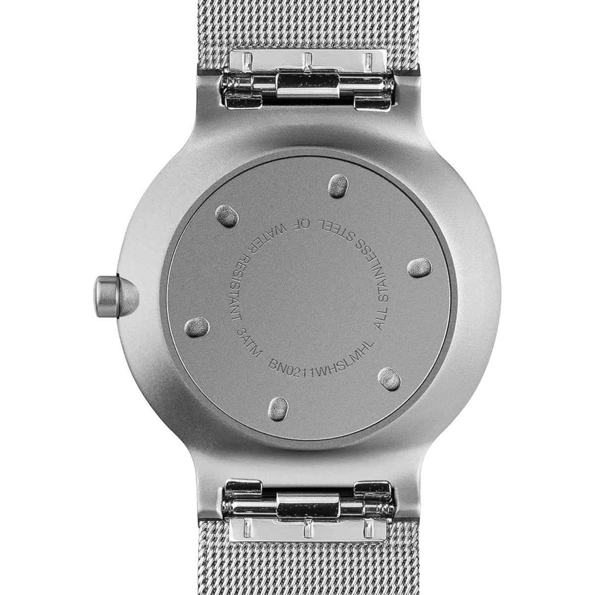 Ladies quartz watch back view with engraved case and silver metal mesh bracelet.