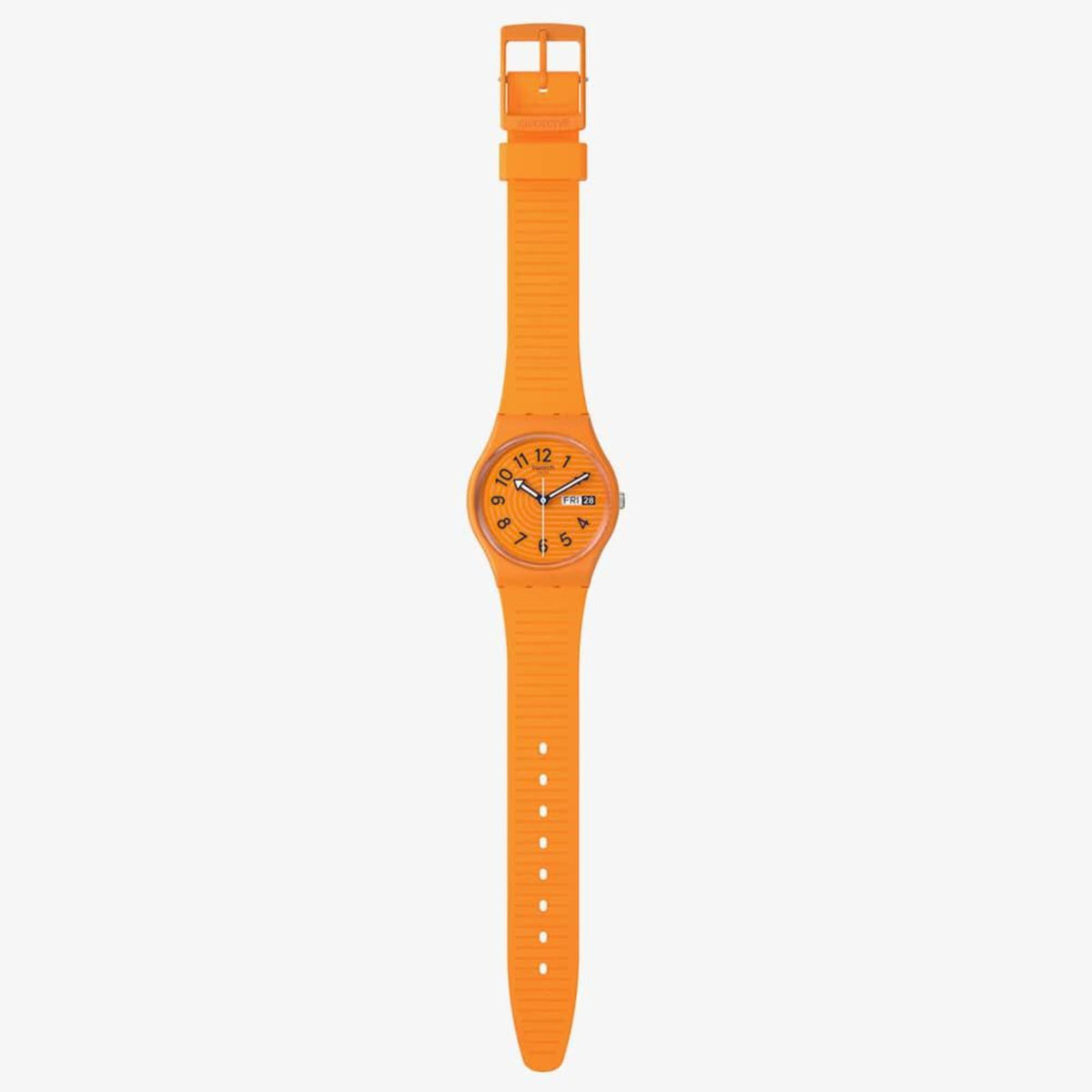 Orange silicone strap watch with small round orange face and time numeral markers
