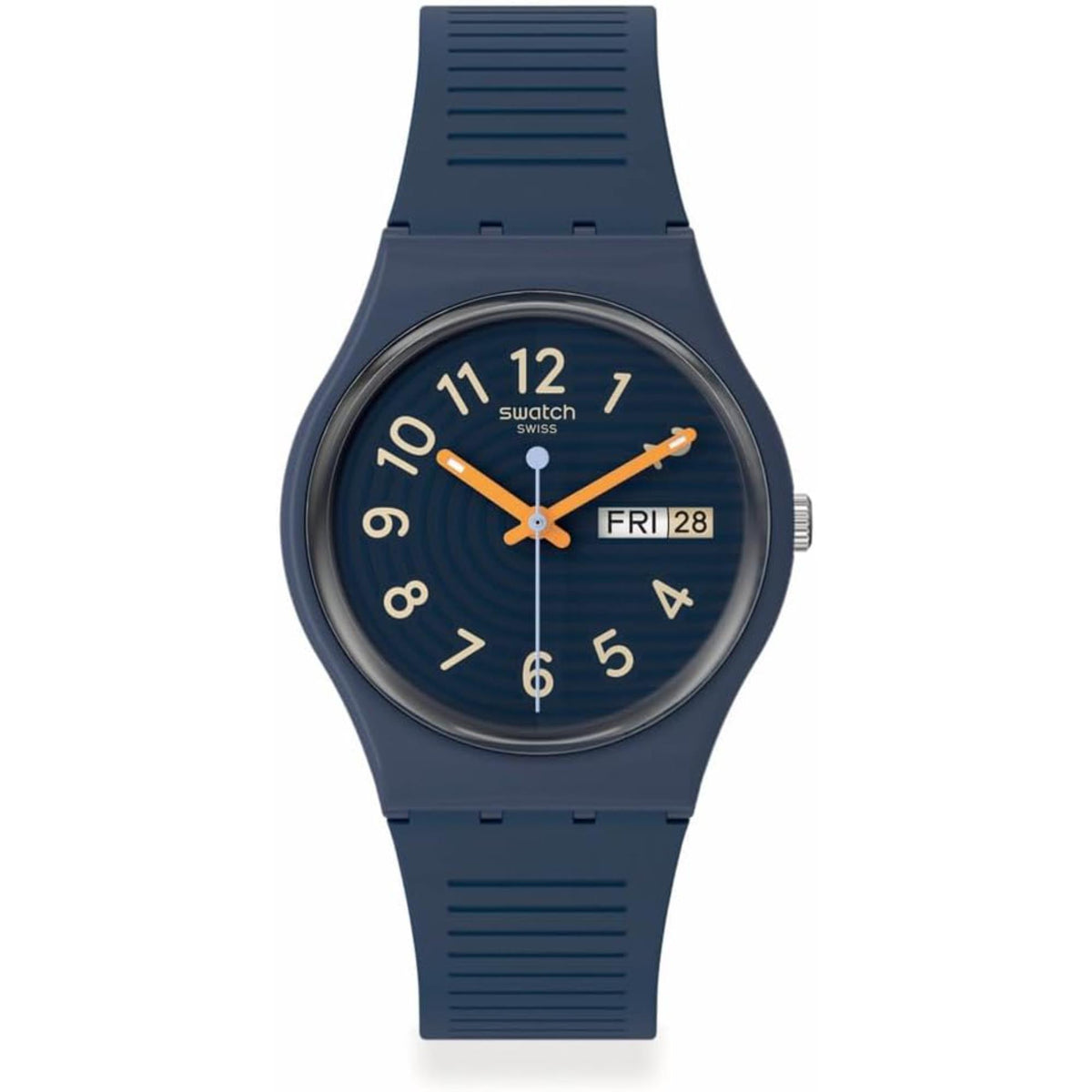 Blue dial silicone watch with orange hands and day/date window
