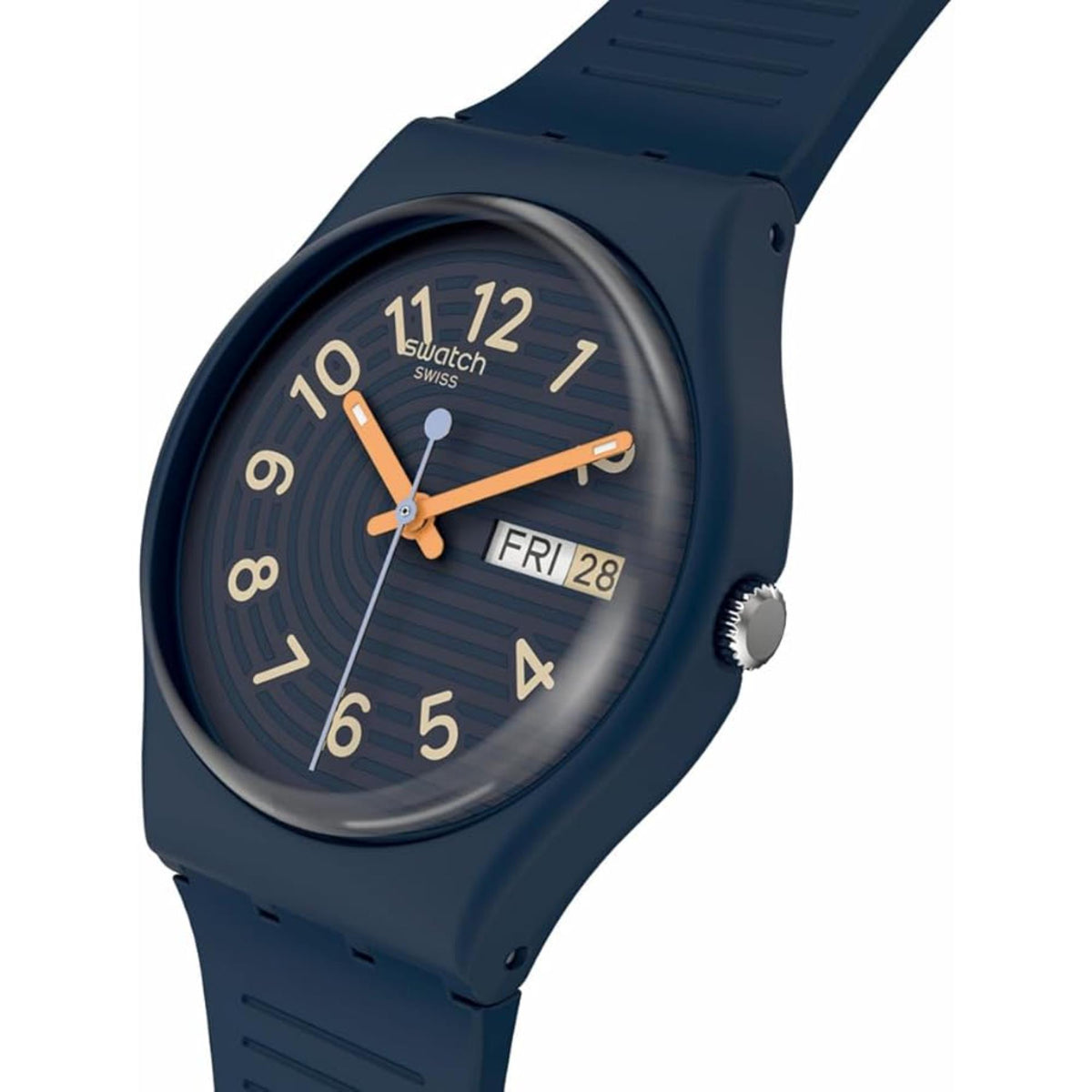 Round blue dial silicone watch with orange hands and 'FRI 28' date