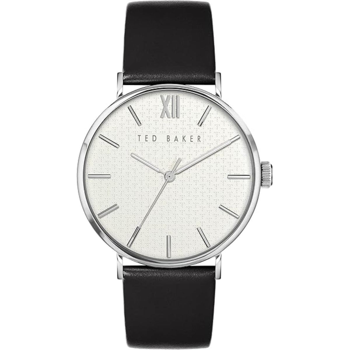 Men's wrist watch with black leather strap, silver case, white dial and Roman numerals