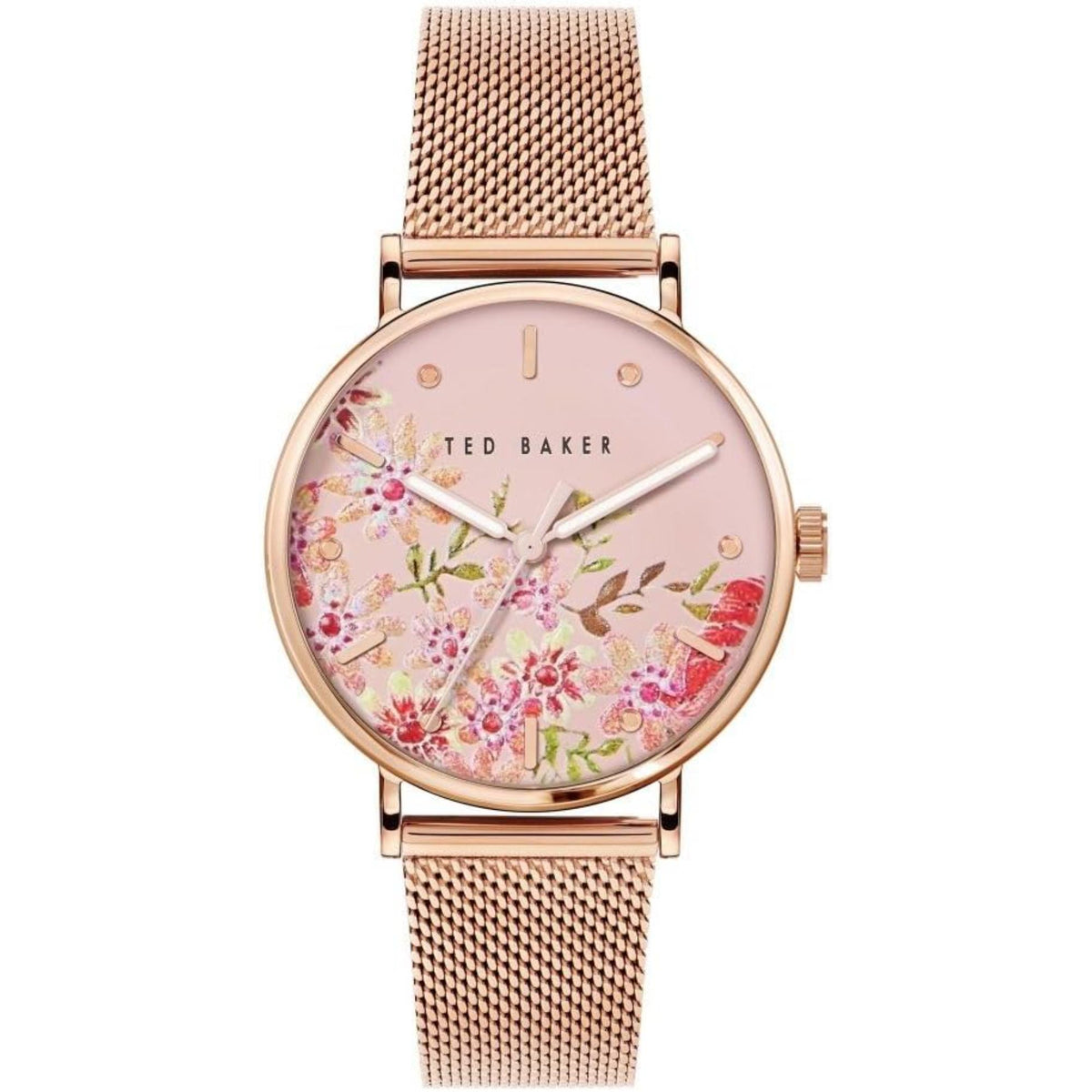 Ladies rose gold mesh band watch with floral pink dial and gold hands, round case