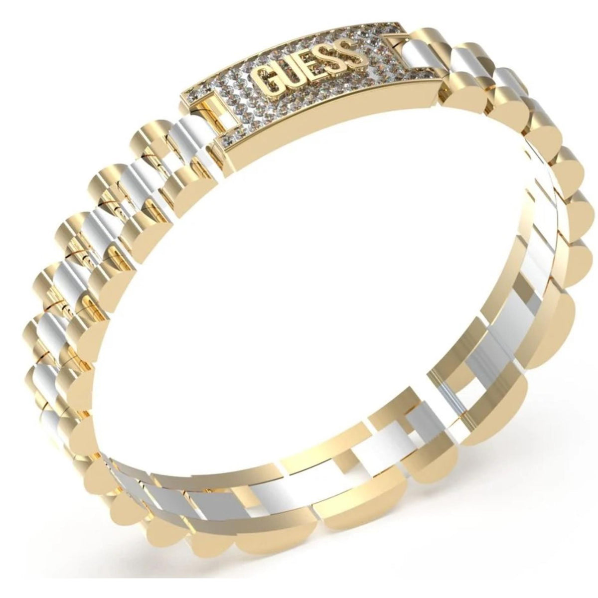 Guess men's Empire steel and gold-plated tag bracelet with two-tone links and pavé logo