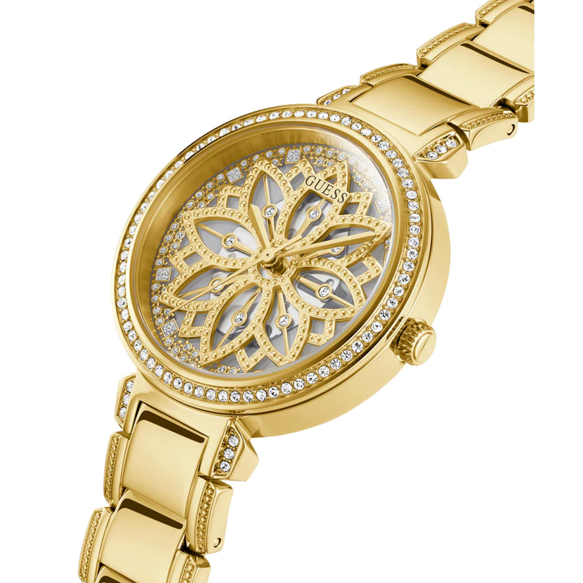 Gold tone analog watch with champagne dial, crystal bezel, and link bracelet detail
