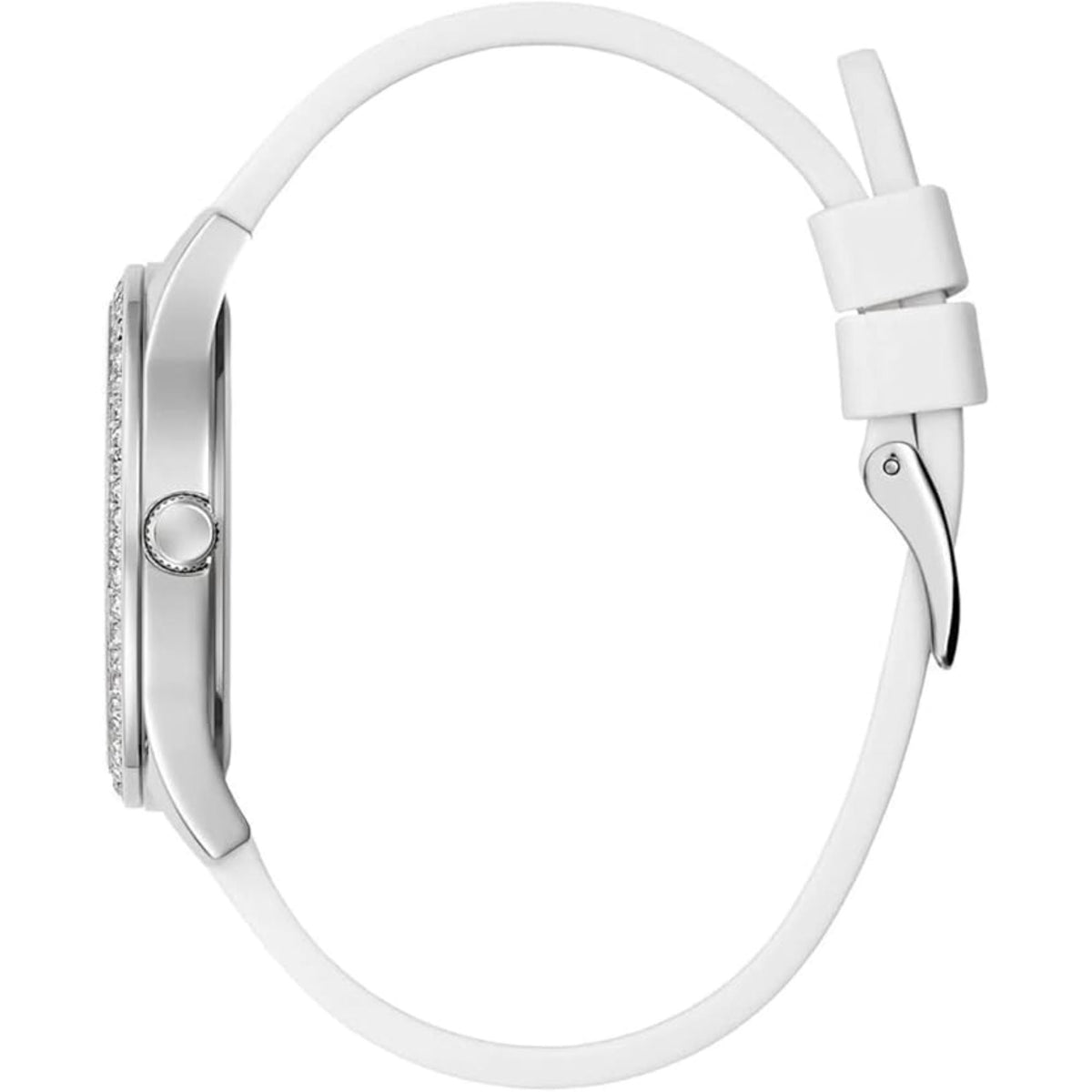 White silicone watch strap with silver case and side crown, round dial