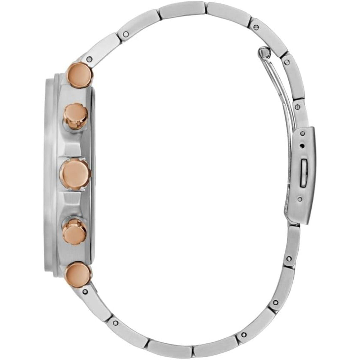 Men's stainless steel wristwatch back and side view with gold-tone crowns, metal link strap.