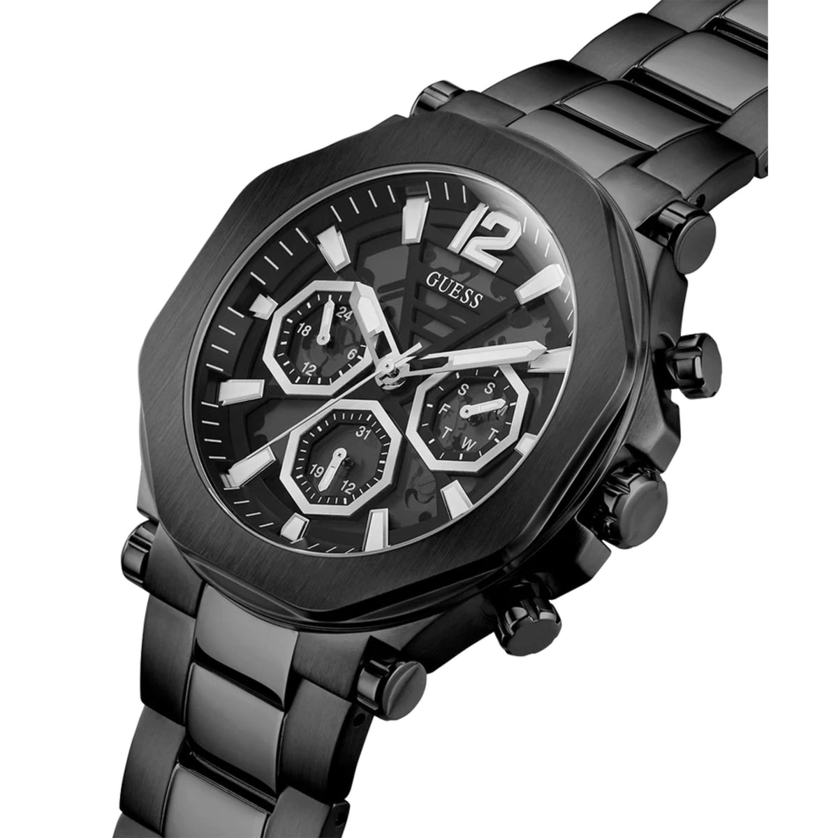 Men's GUESS chronograph watch with black dial and black steel link strap