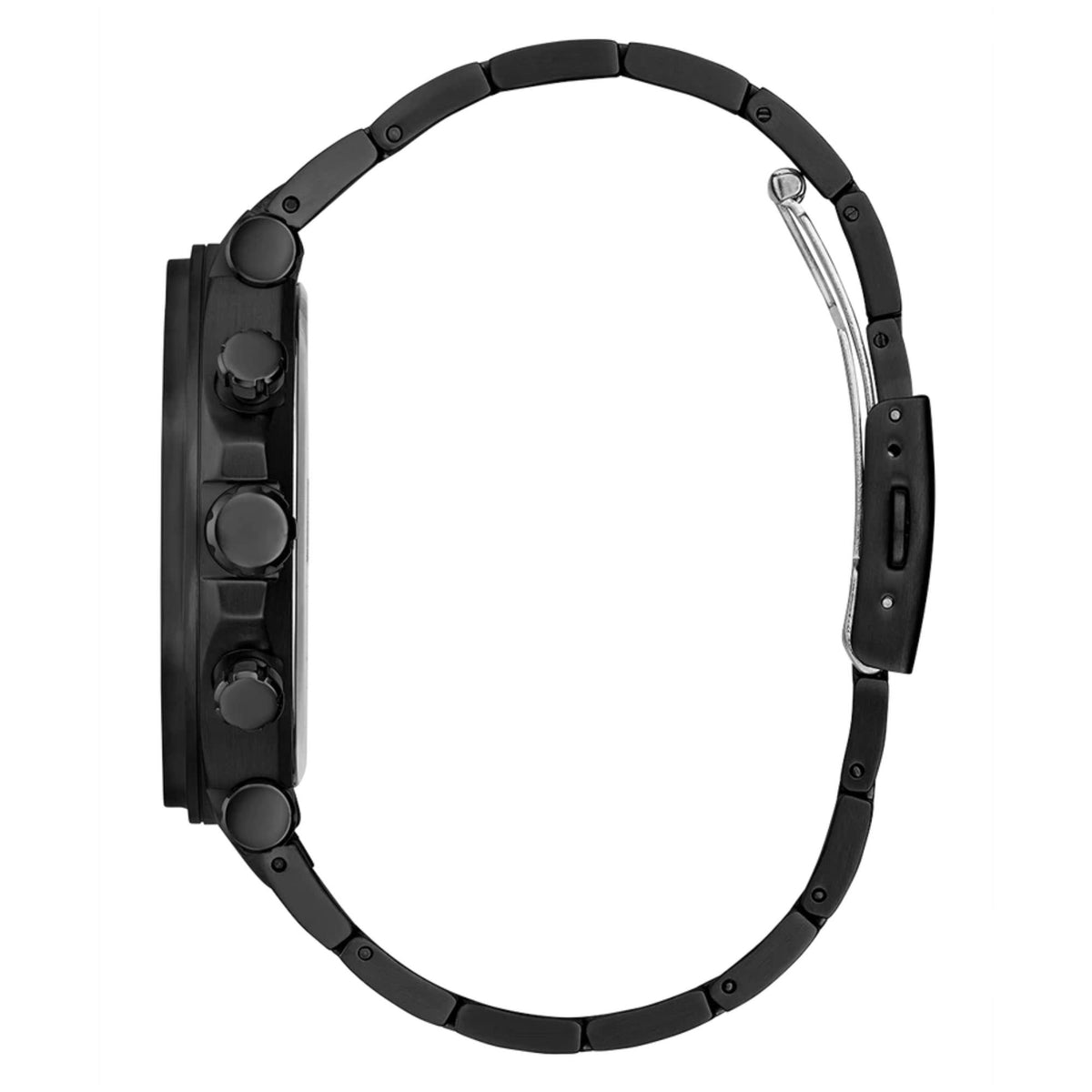 GUESS chronograph watch rear view with black steel link strap and side buttons