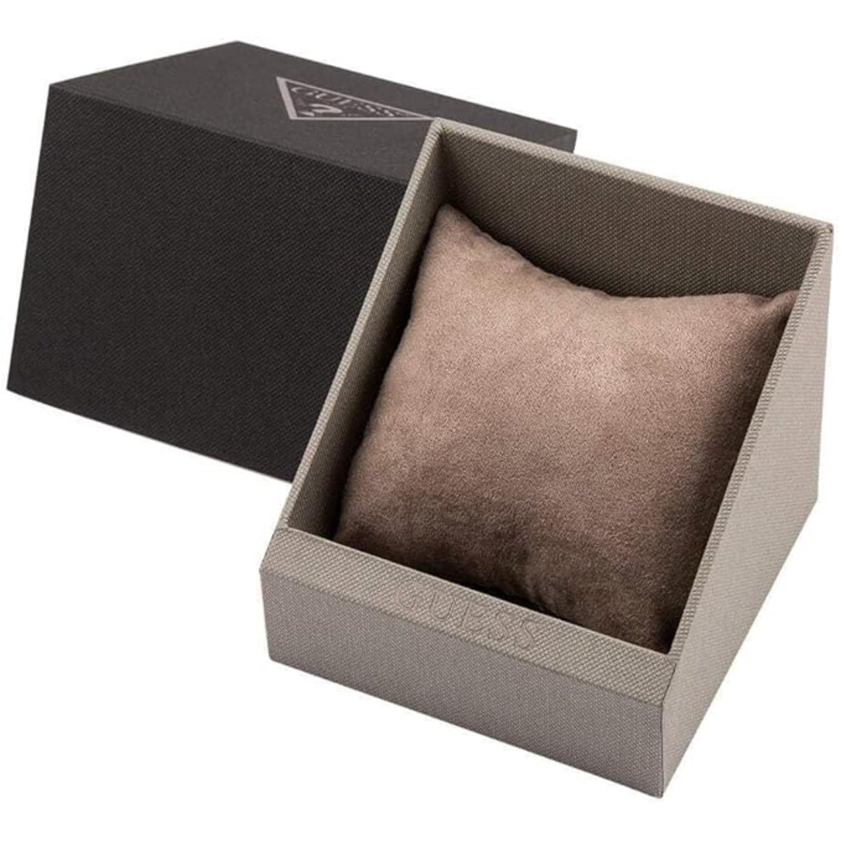 Watch gift box with cushion holding a silver stainless steel bracelet watch