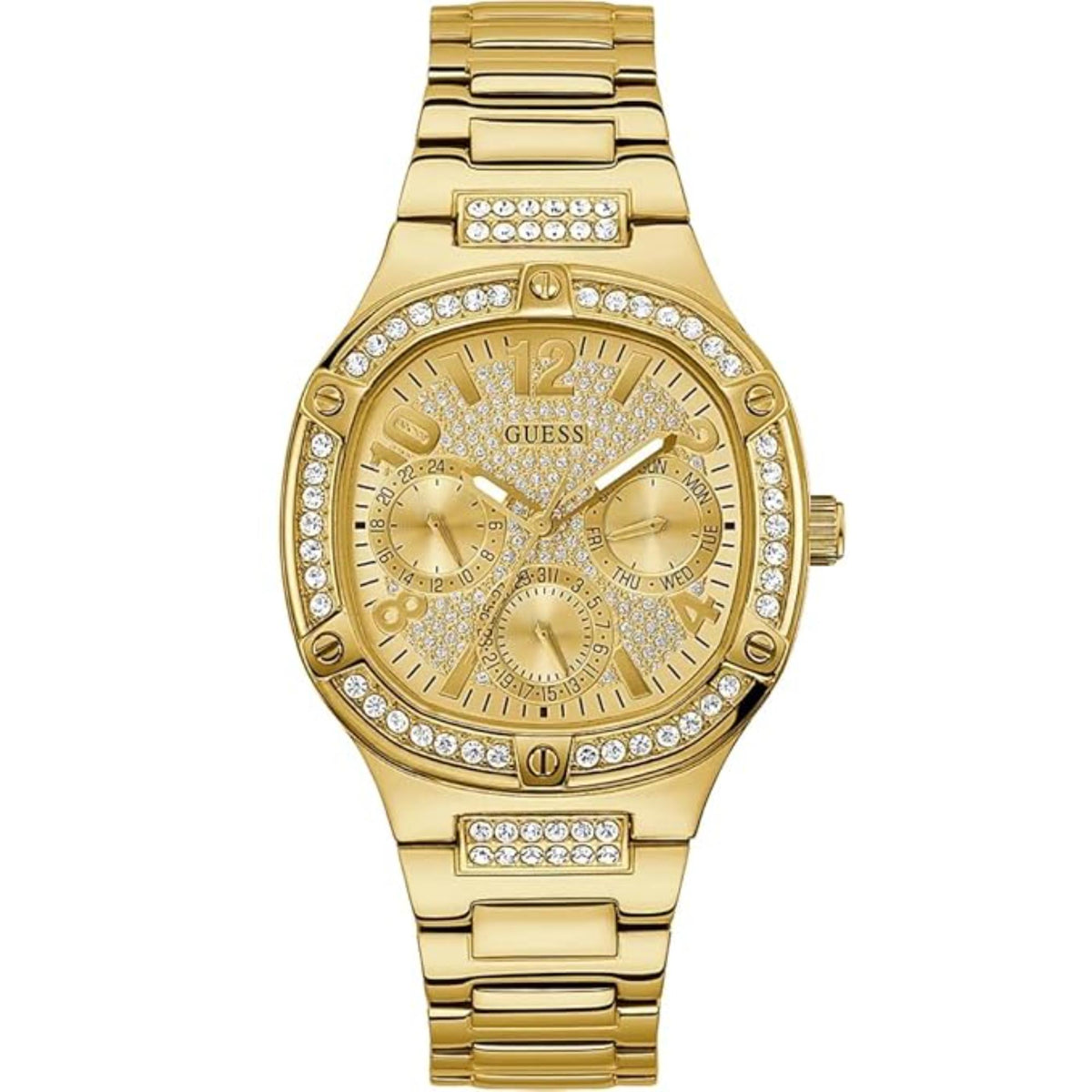 Gold-tone bracelet watch with crystal bezel and gold dial, three subdials and bold hands