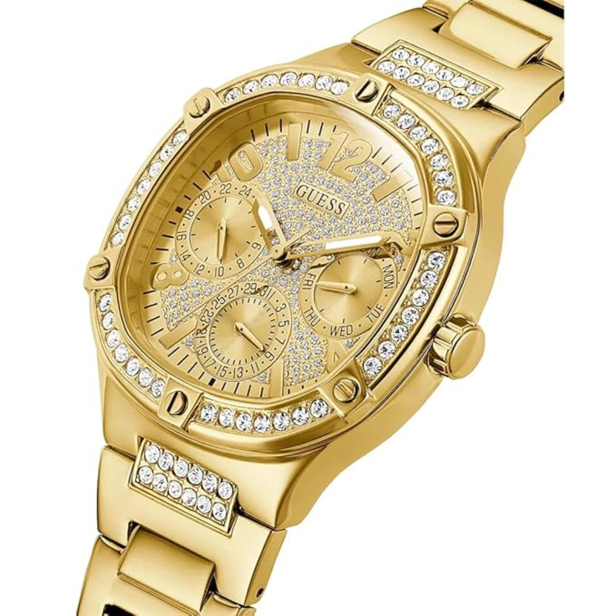 Gold-tone bracelet watch angled view with crystal accents on bezel and straps over gold dial