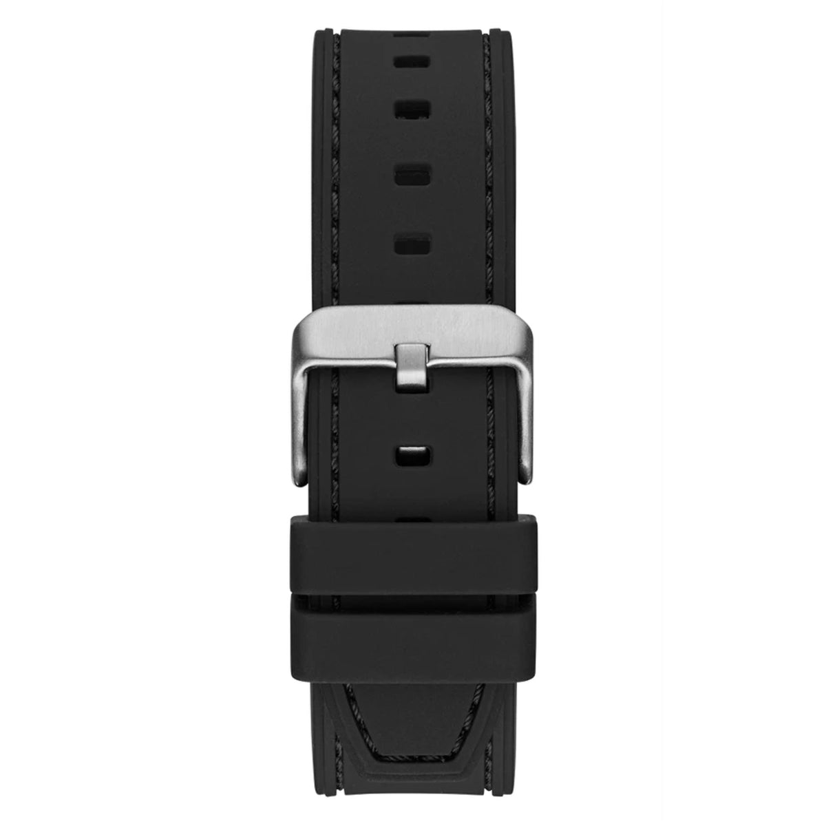 Men's textured dial watch back view, black silicone strap and silver buckle hardware