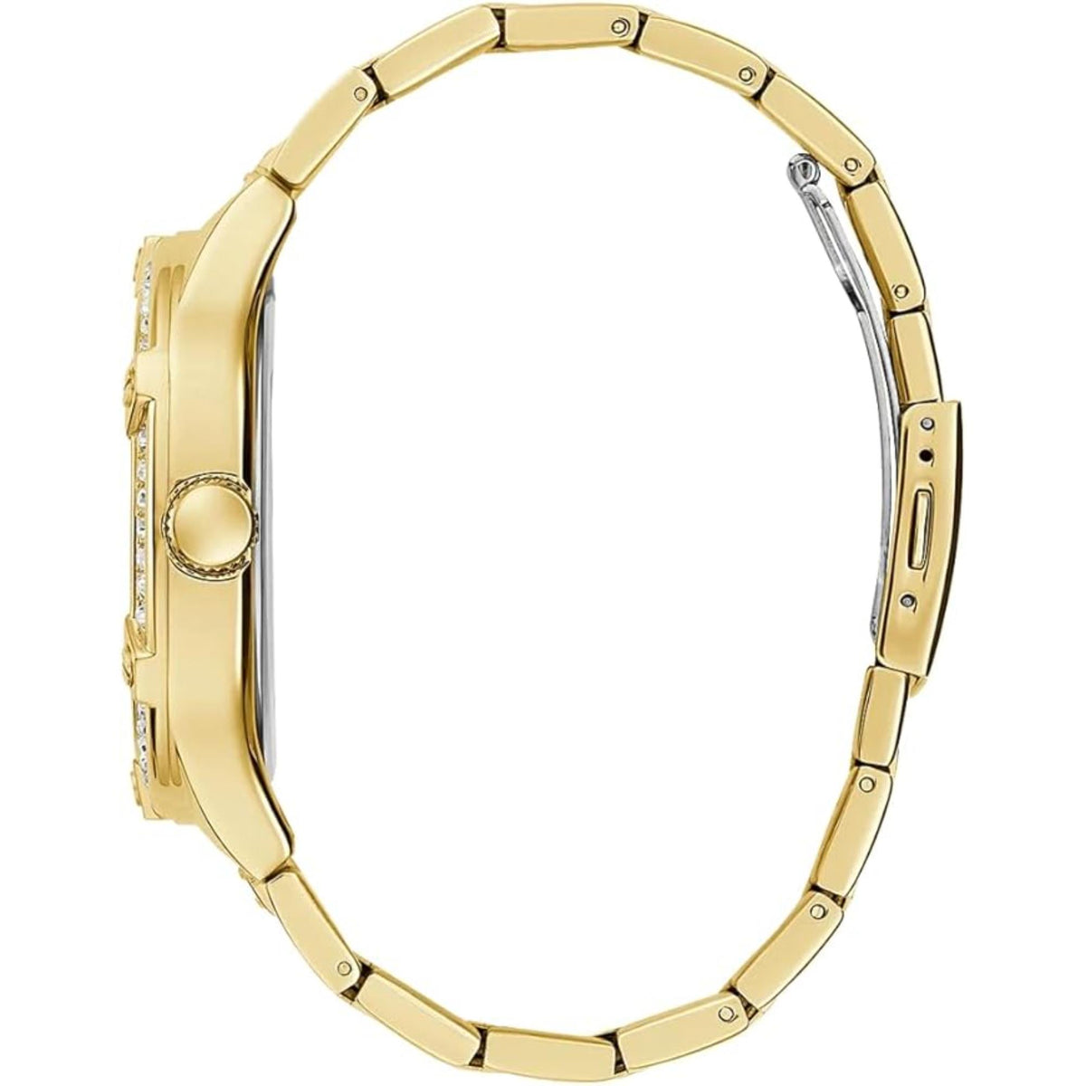 Gold-tone stainless steel bracelet watch side view with linked band and round crown