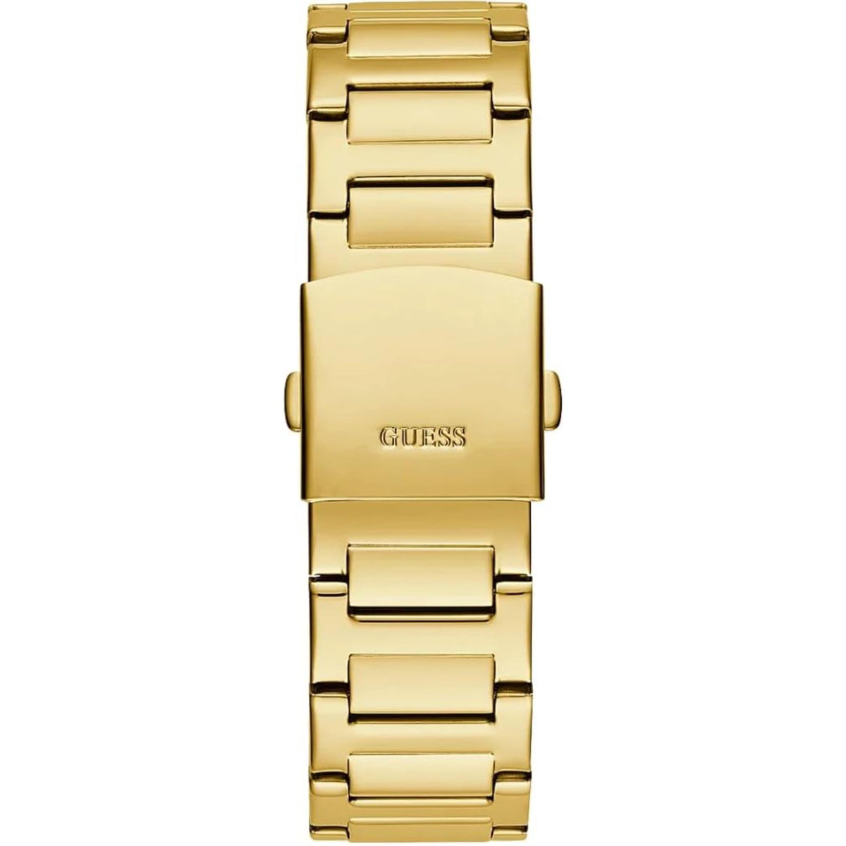 Gold-tone bracelet watch back view: rectangular center plate and clasp with GUESS mark