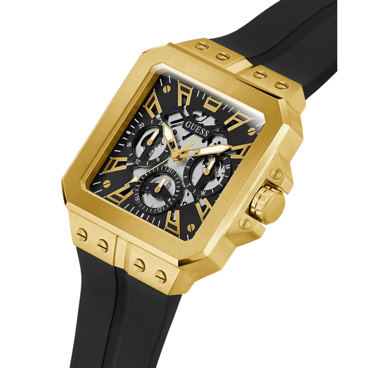 Men's Guess Leo watch, side view with black dial, gold-tone case, black silicone strap