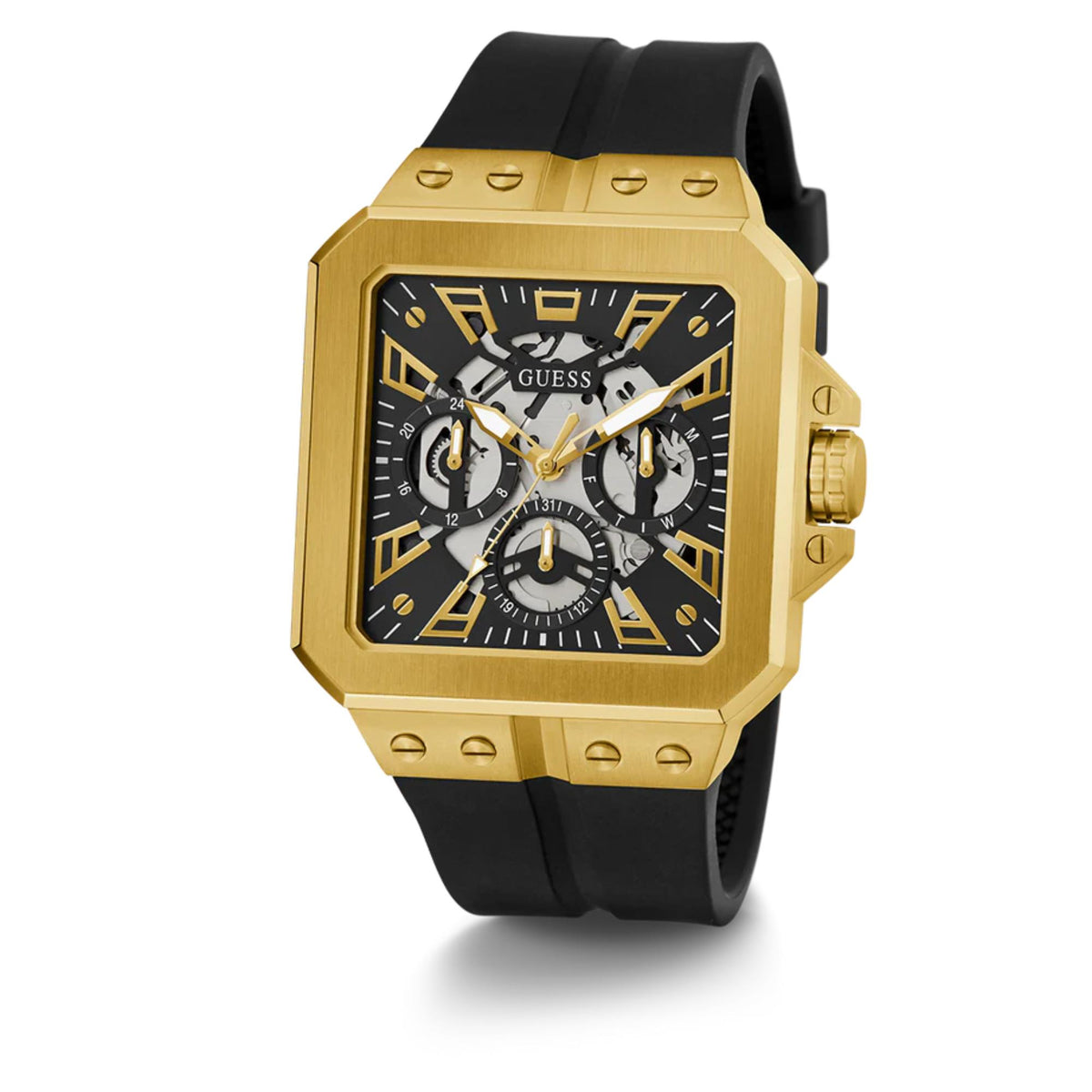Men's Guess Leo watch, angled view; black dial with subdials, gold-tone case, black strap