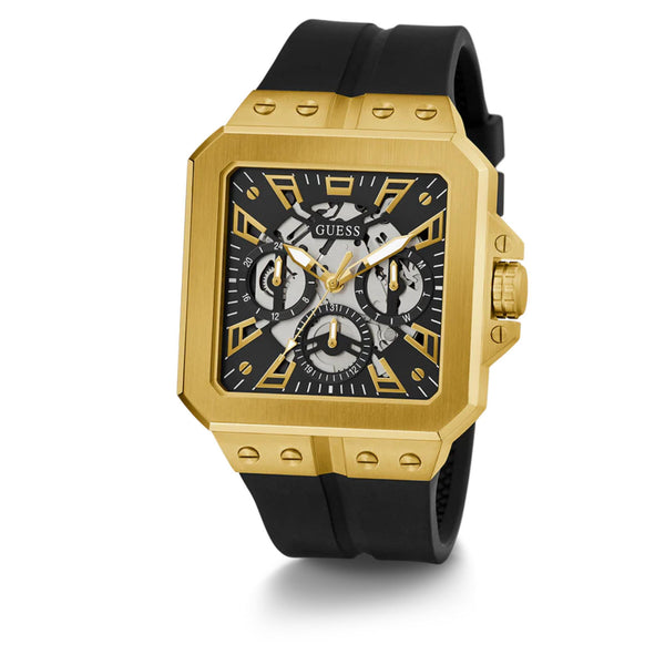 Men's Guess Leo watch, angled view; black dial with subdials, gold-tone case, black strap