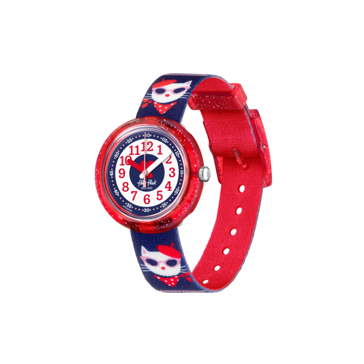 Kids round watch with red bezel and blue cat strap, red buckle, side view