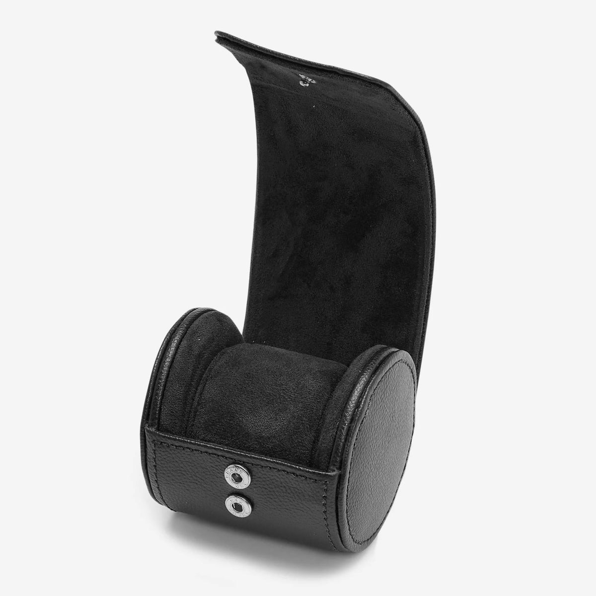 WOLF Blake single watch roll open view with cushioned interior and dark snap closures