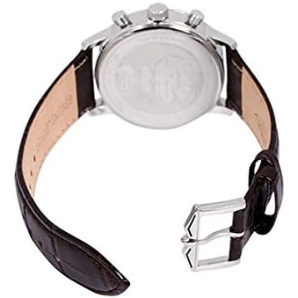 Men's wristwatch with silver case back and brown leather strap; clasp and lugs visible