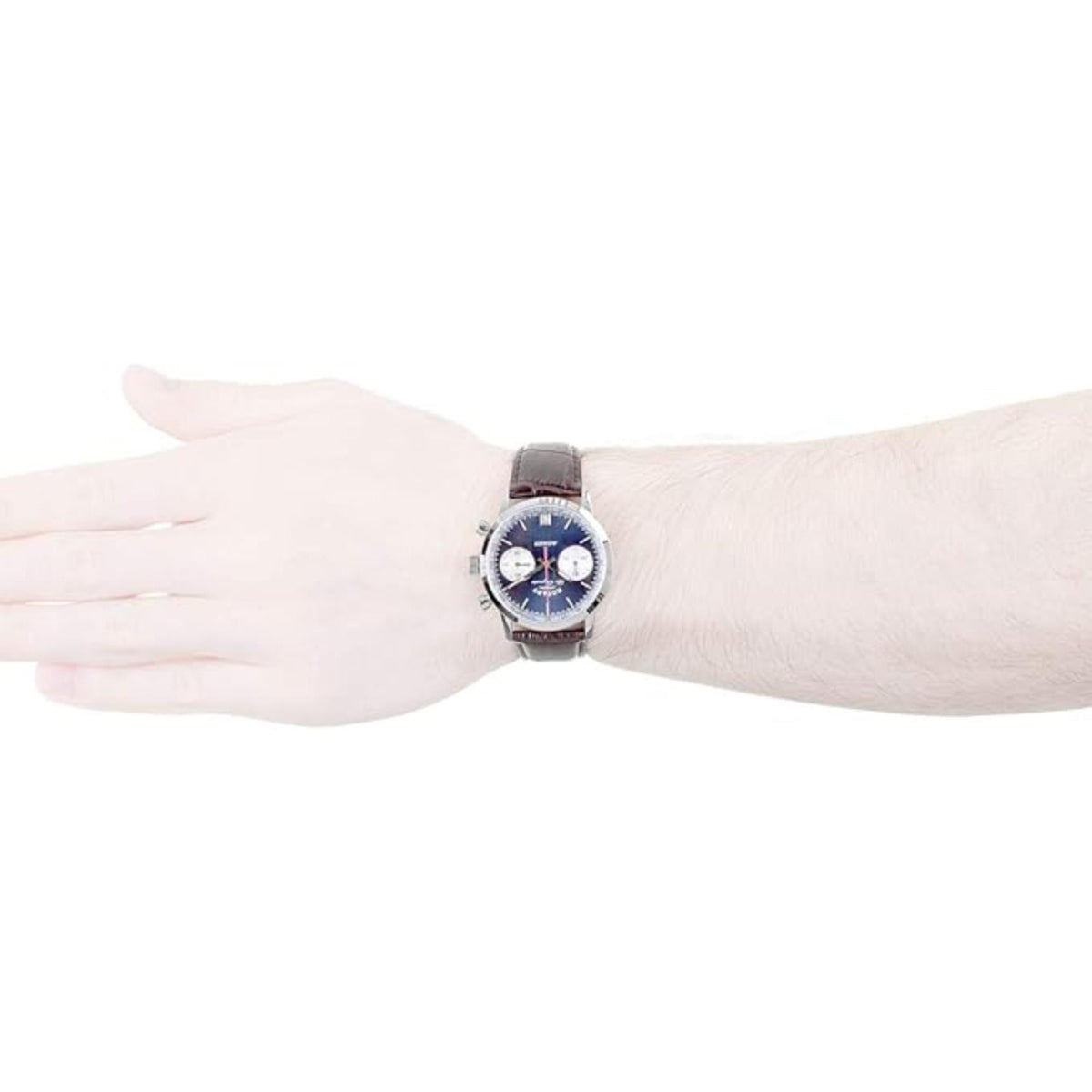 Men's wristwatch on wrist: blue dial with silver case and brown leather strap