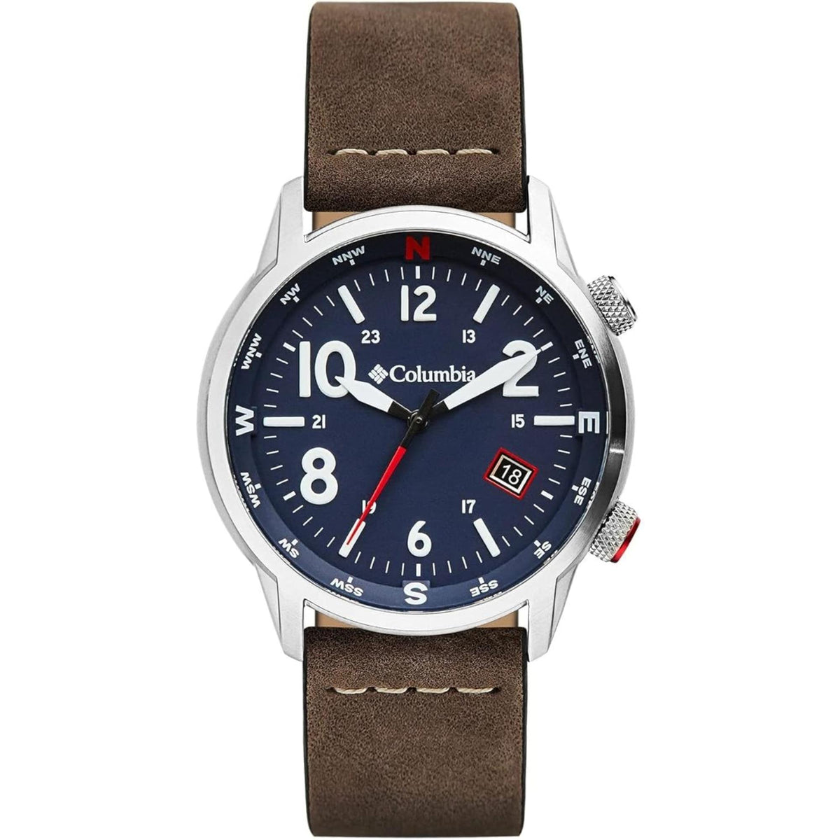 Men's quartz watch with navy dial and brown leather strap, silver case and crown.