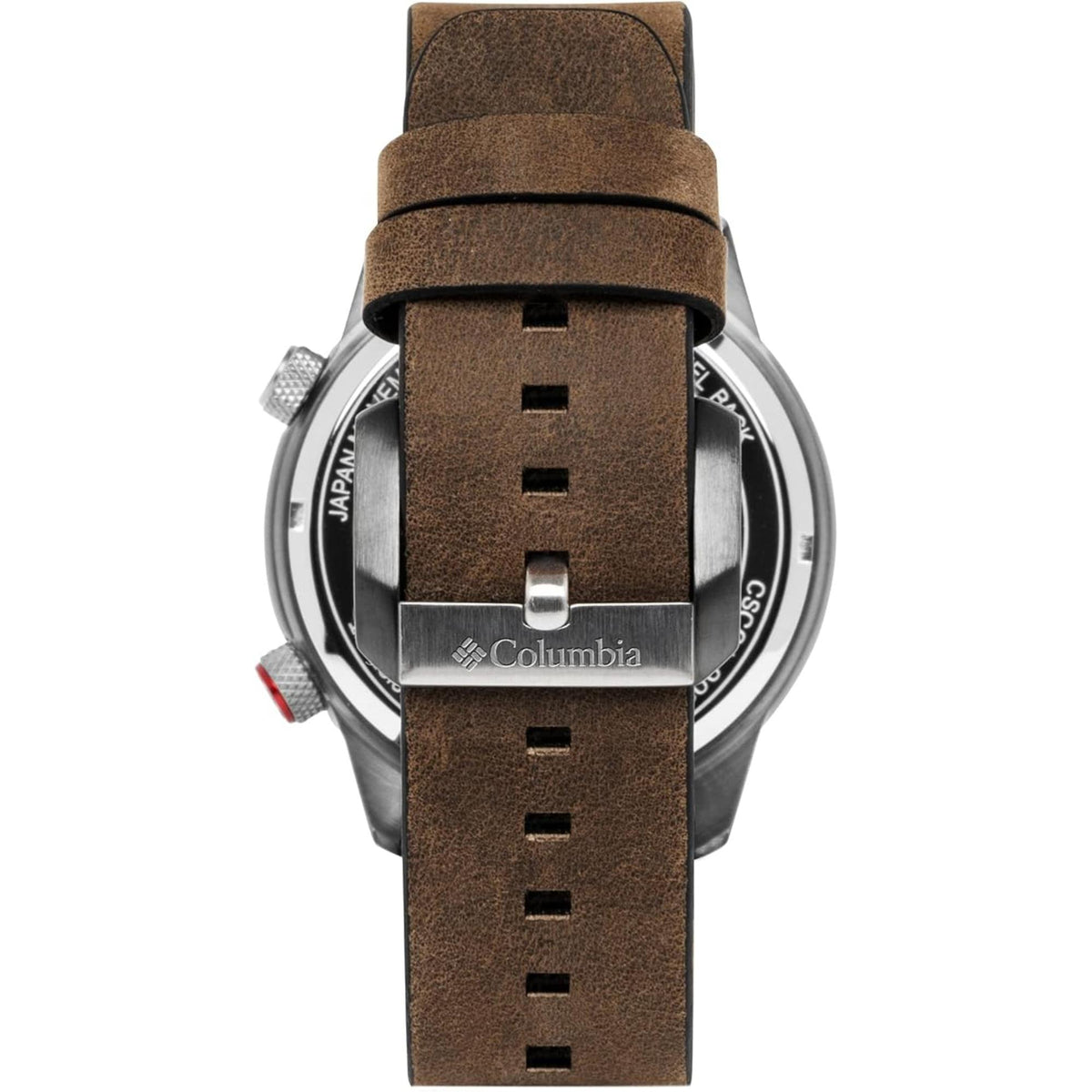 Men's quartz watch back view with brown leather strap, silver case and buckle.