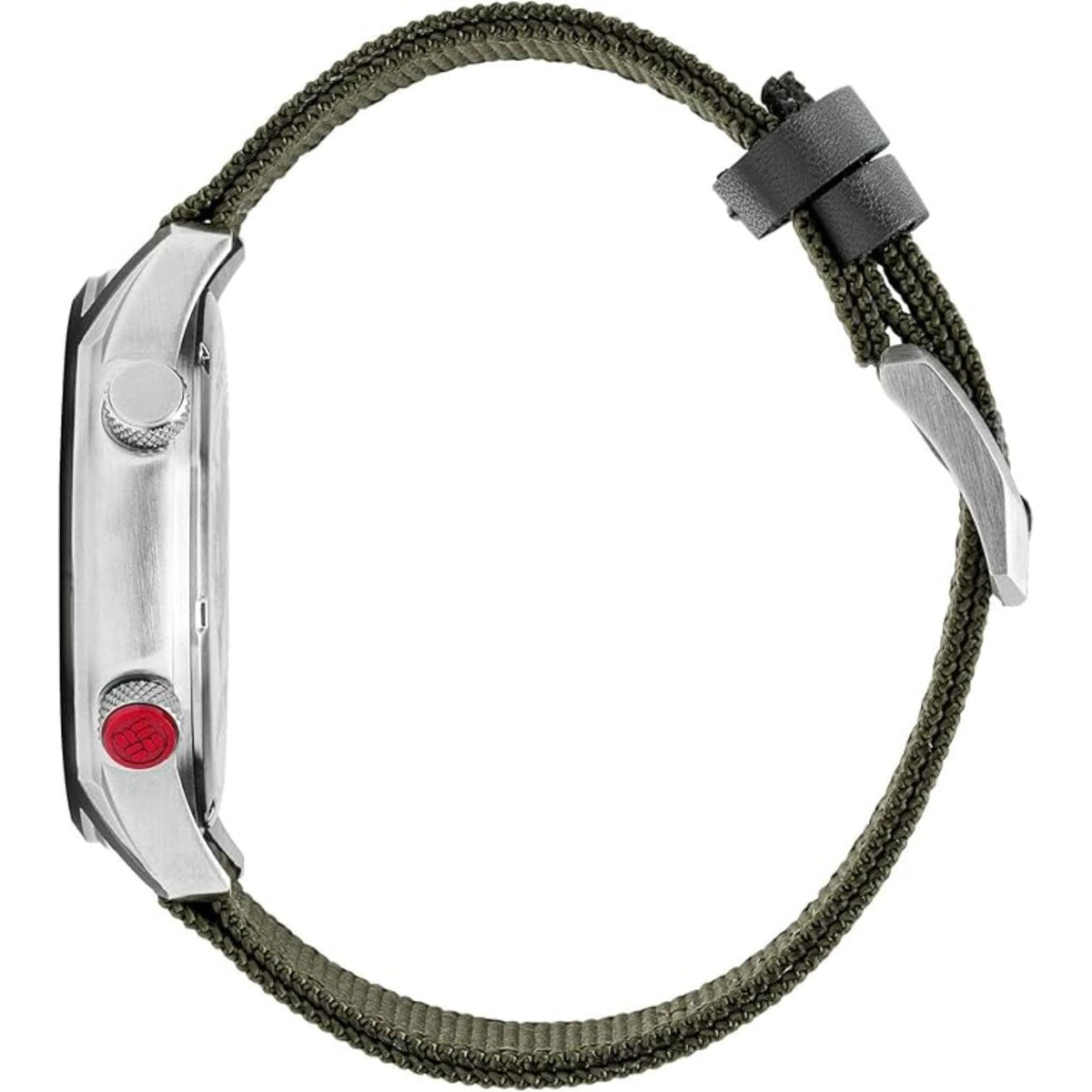 Men's quartz wristwatch side view with olive/khaki braided strap and silver-tone case