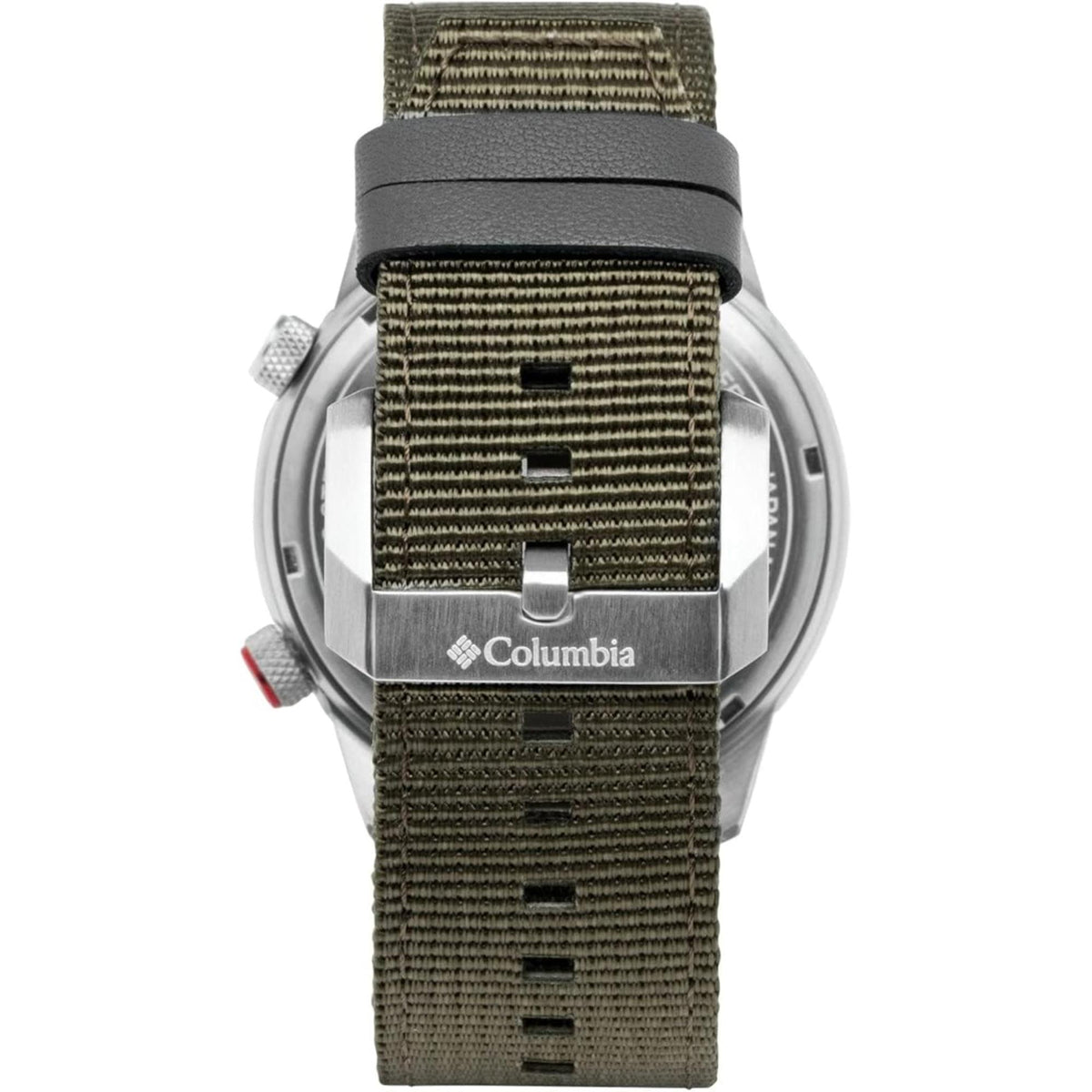 Men's quartz wristwatch caseback with textured olive fabric band and silver clasp