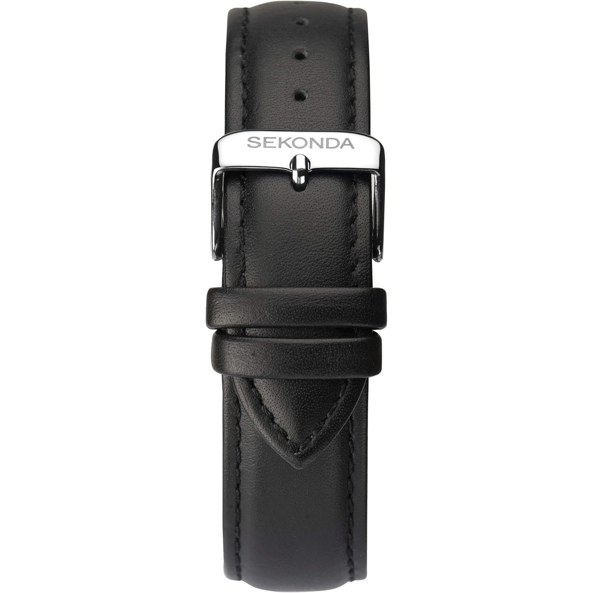 Men’s quartz watch with black leather strap and silver buckle, stitched strap back