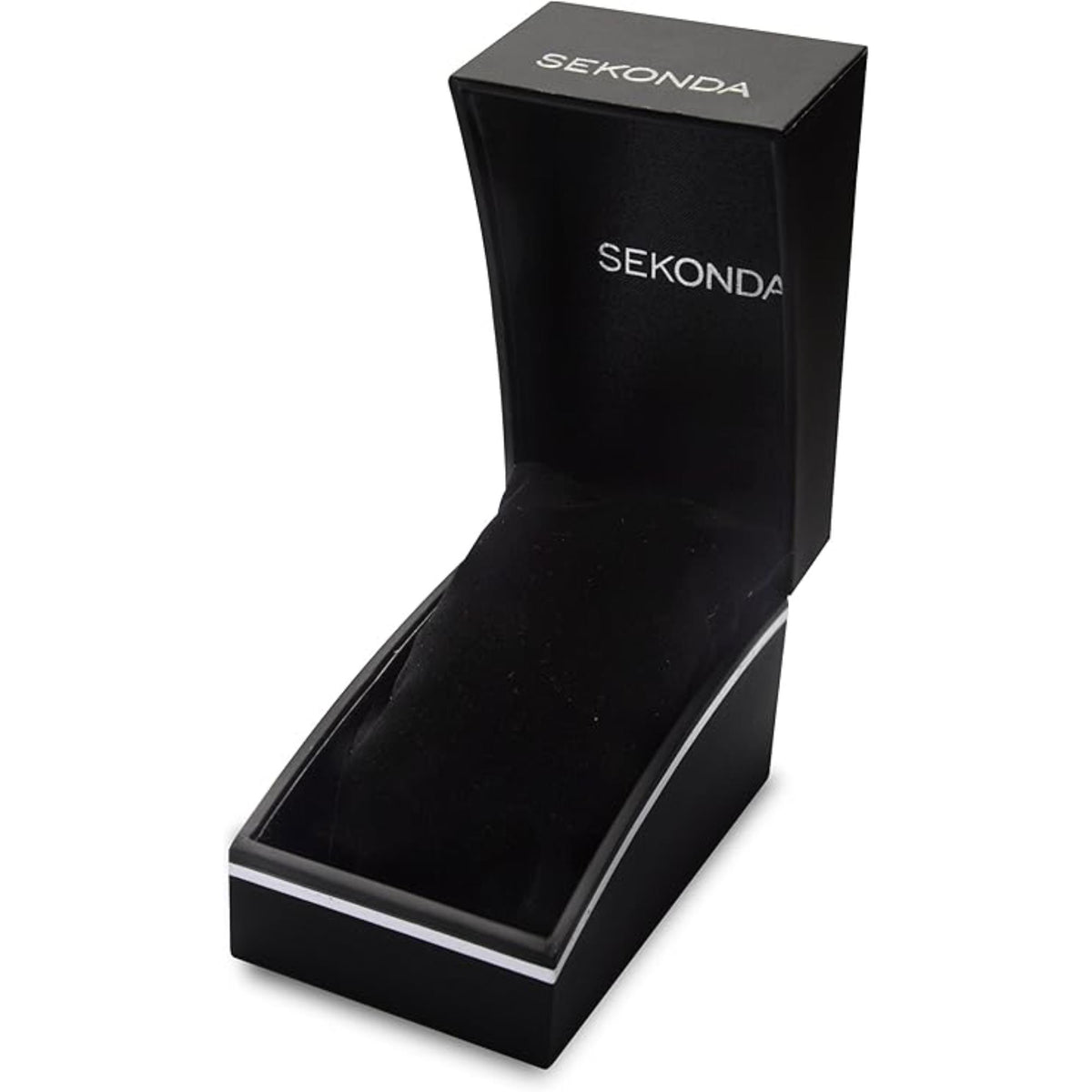 SEKONDA watch gift box with black exterior and white logo text