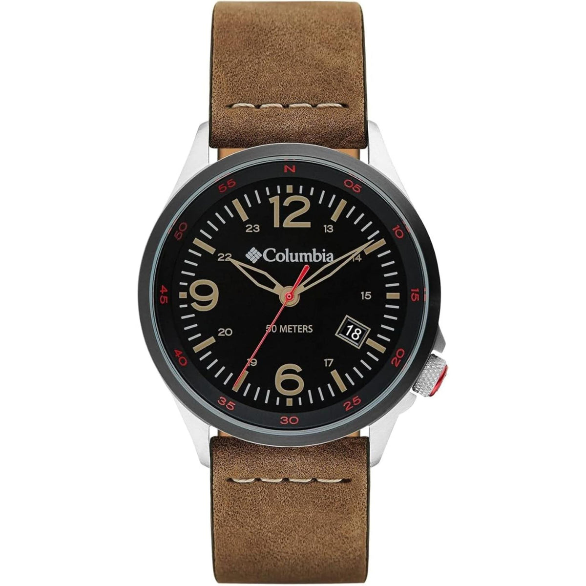 Men's rugged quartz watch with black dial, brown leather strap, camouflage-style accents