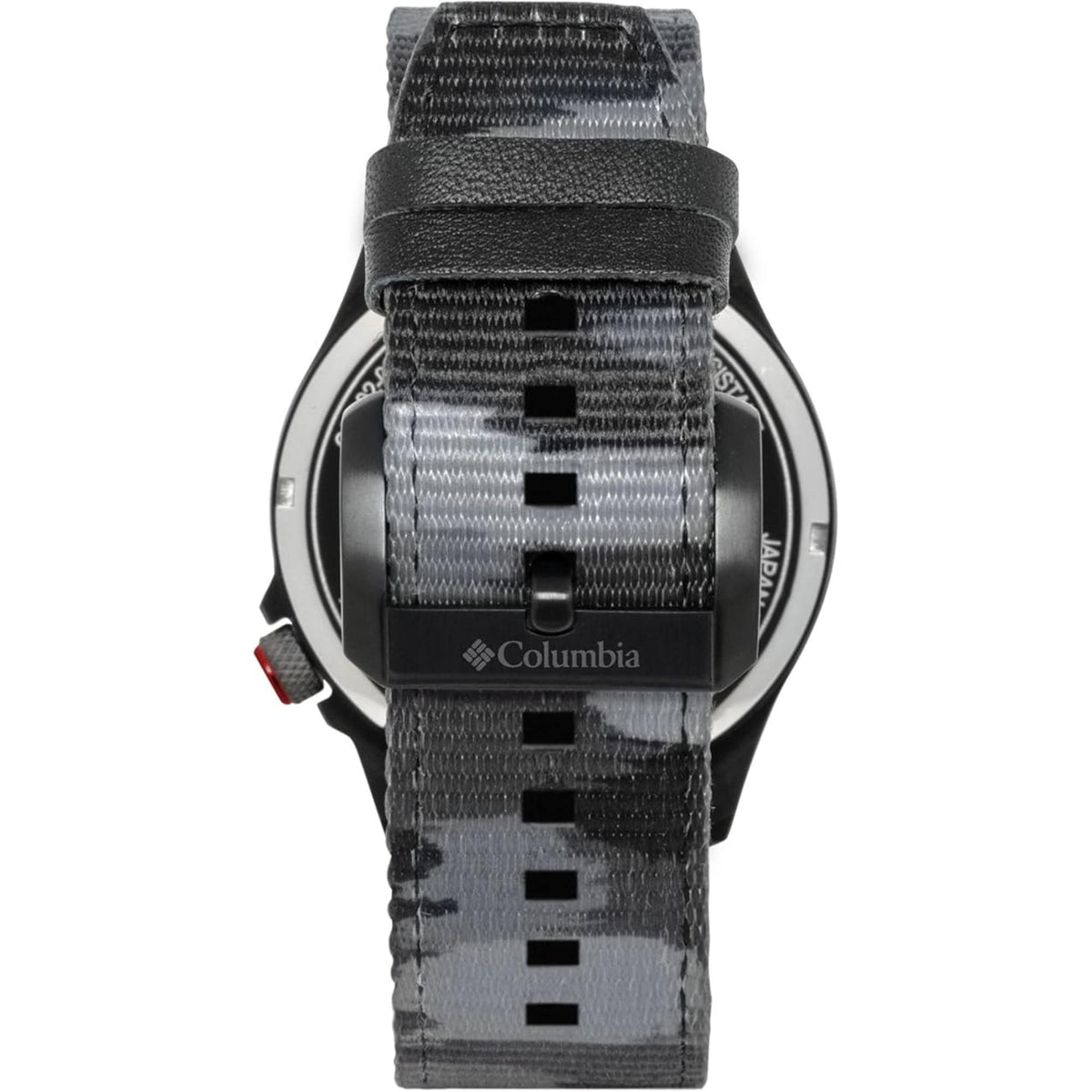 Back of men's watch: black case with Columbia logo and gray camouflage strap