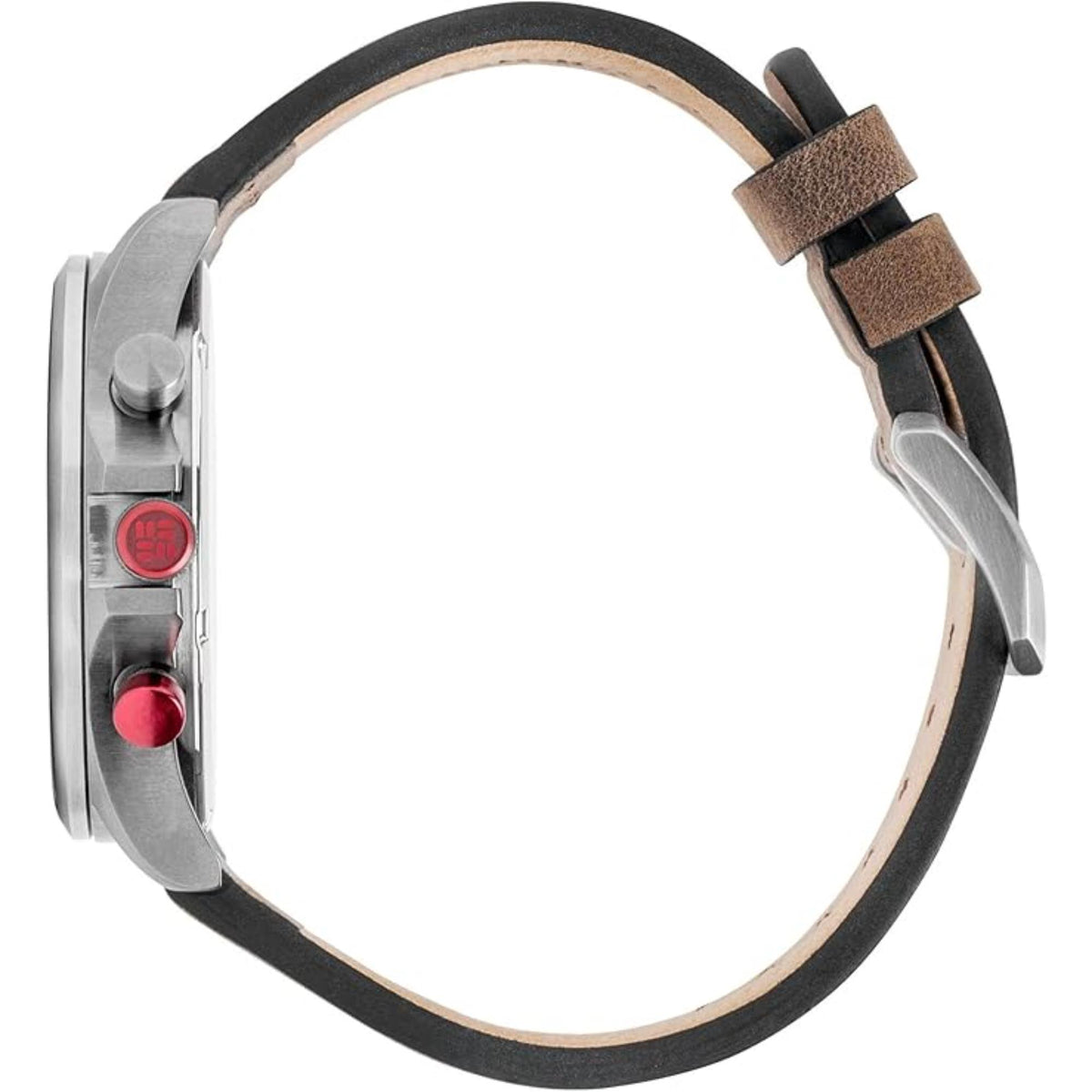 Brown and dark leather watch strap with silver case and crown, side profile