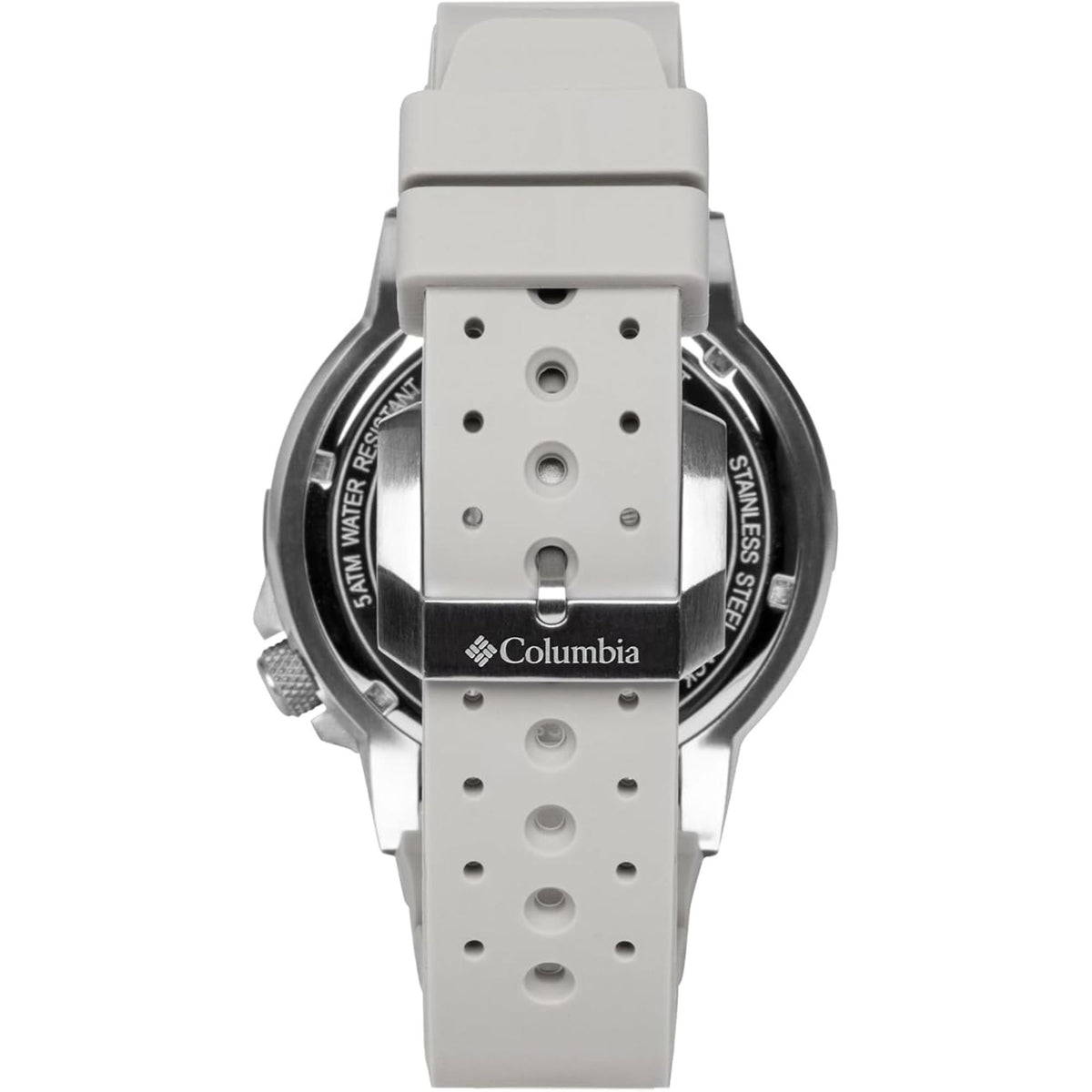 Men's quartz watch case back with Columbia logo and gray silicone strap, water rating text.