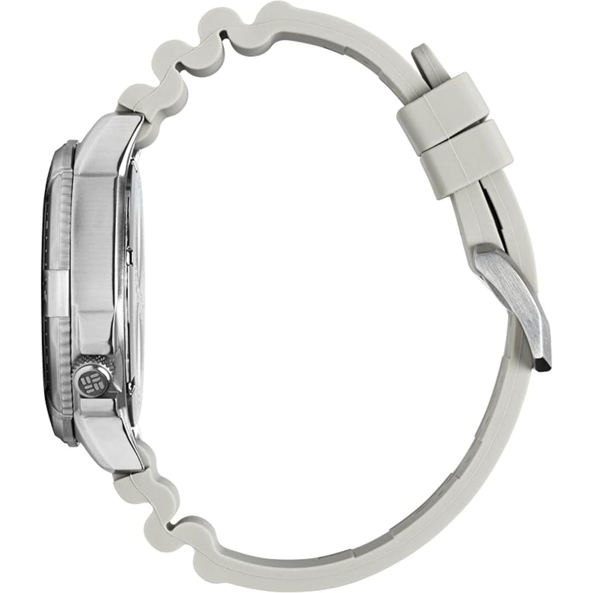 Men's quartz watch side view with gray silicone strap and metal case, Columbia branding on case.