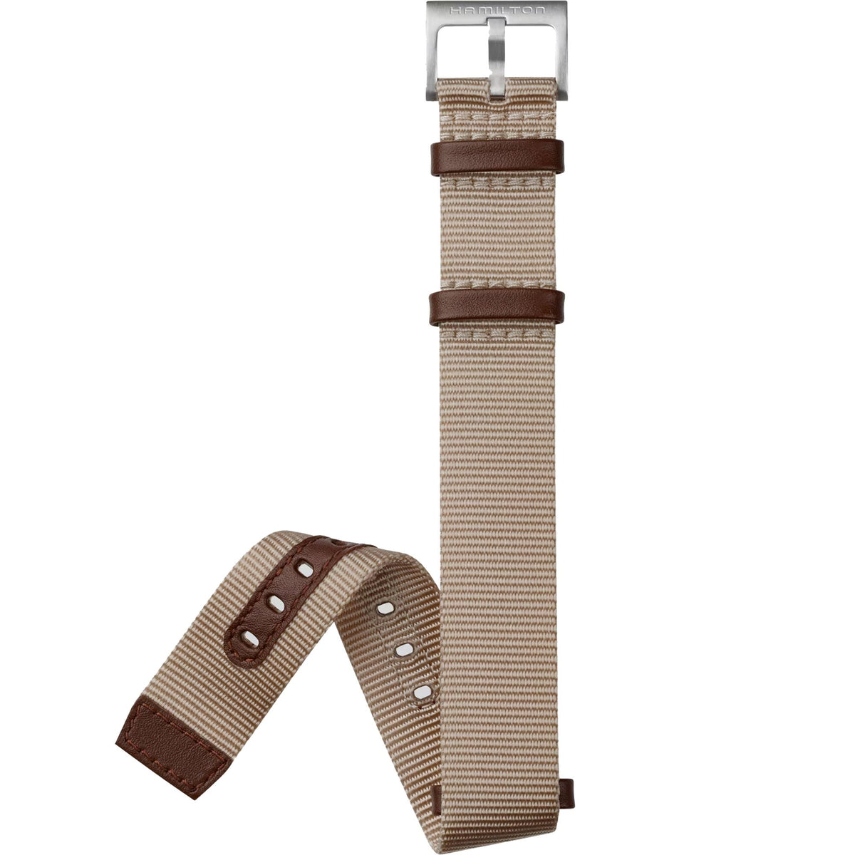 Hamilton Khaki Field H690694103 beige textile replacement watch strap featuring brown leather accents and a stainless steel pin buckle