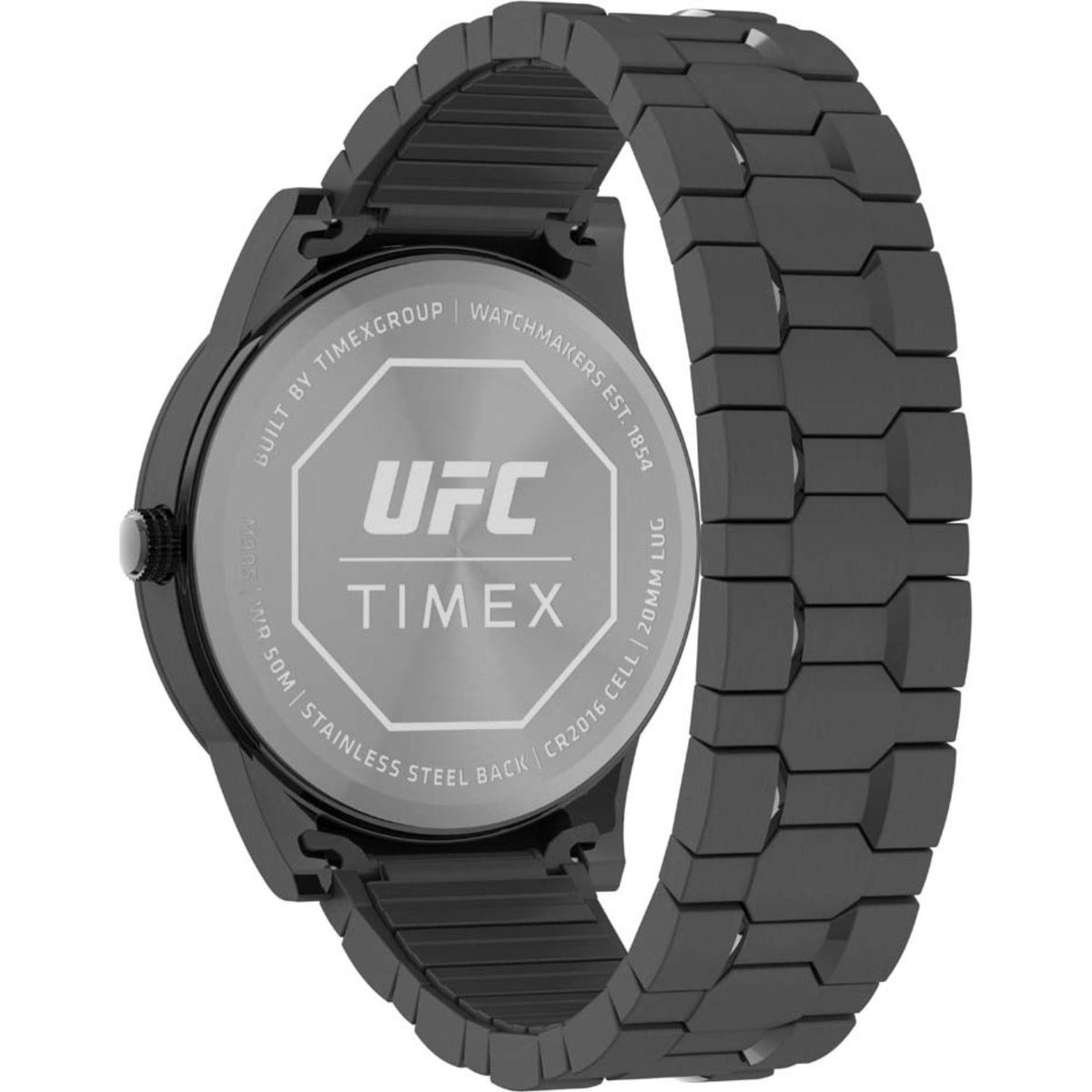 Men's black steel quartz watch back with UFC Timex markings and rugged links