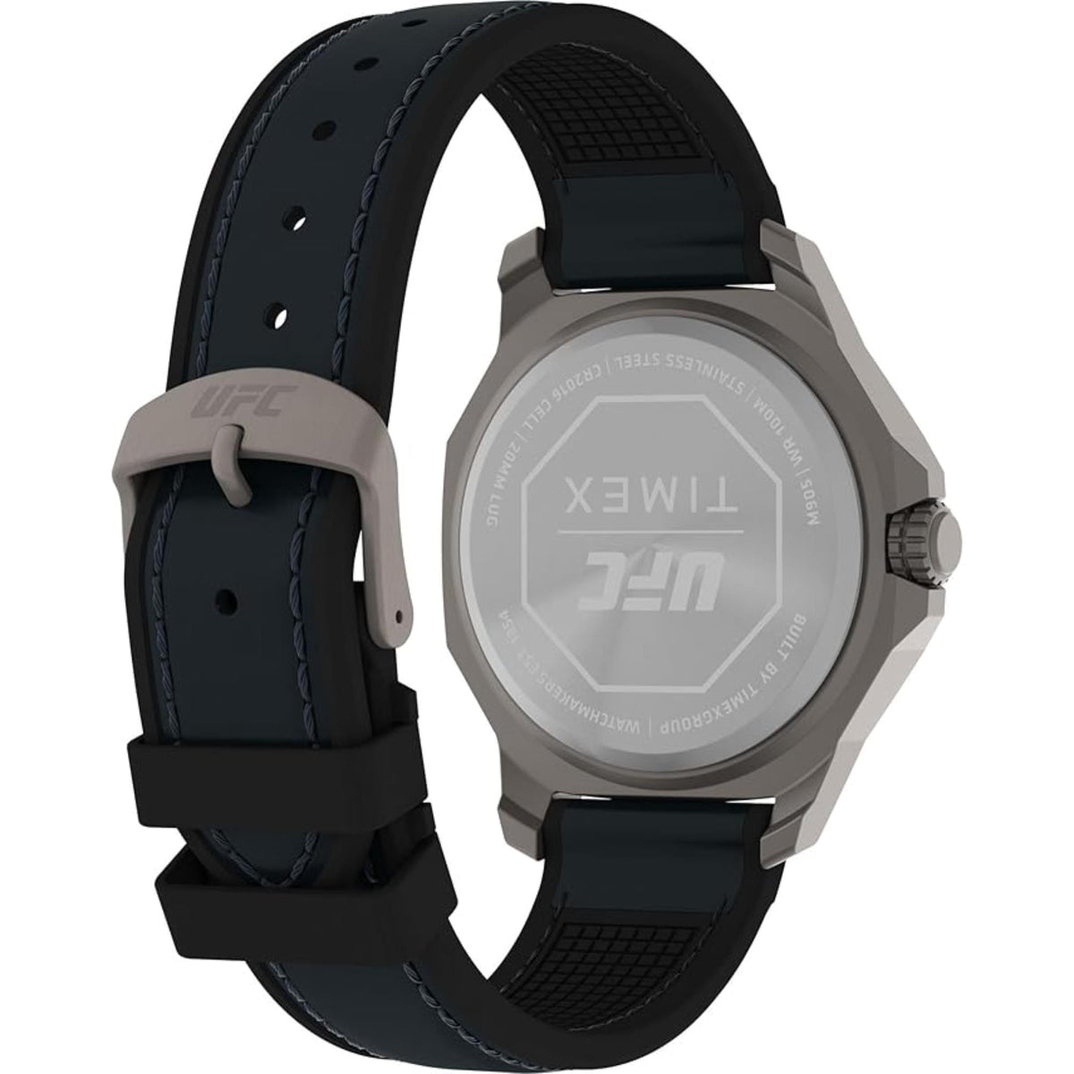Timex UFC TW2V85700 angled back view showing caseback and black strap buckle