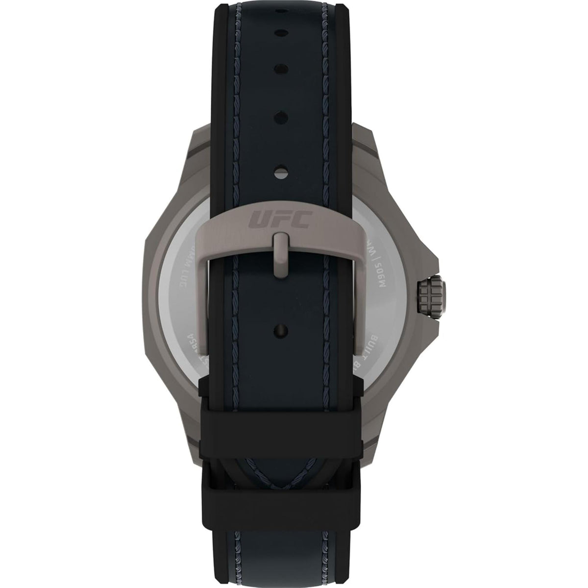 Timex UFC TW2V85700 black leather and silicone strap buckle detail