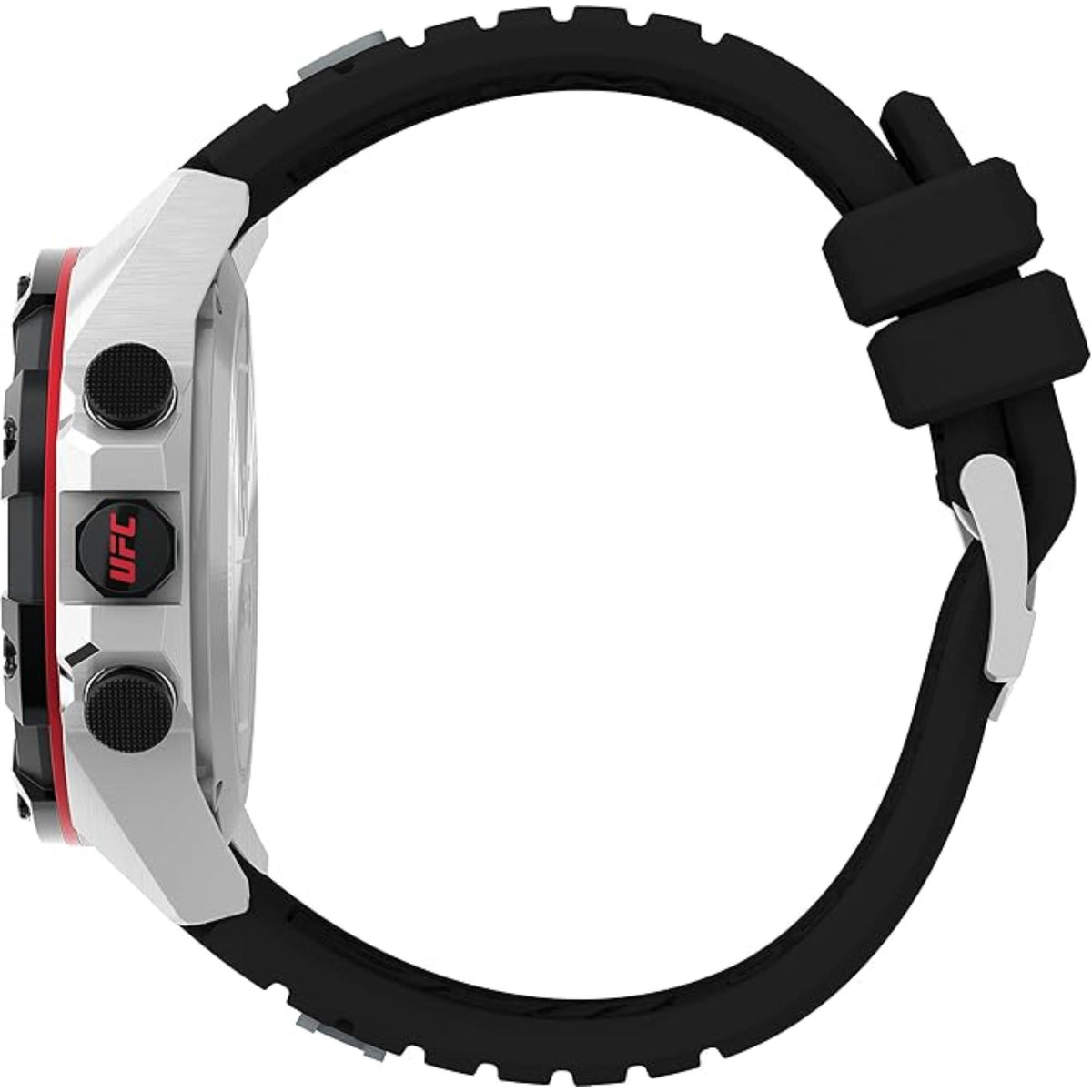 Timex UFC TW2V86700 stainless steel case side view with black and red crown detail