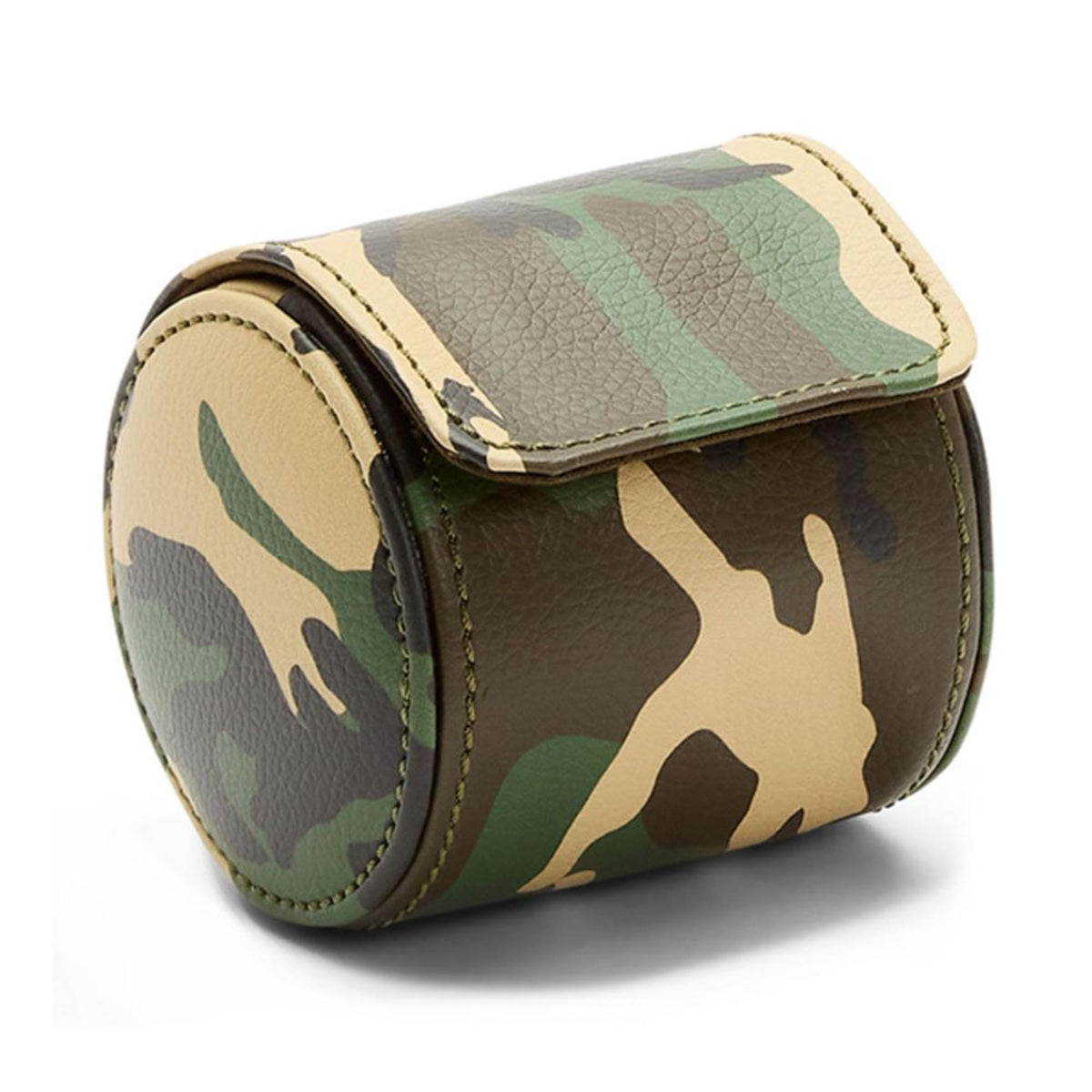 Single watch roll case in camo with rounded side profile and stitched edges