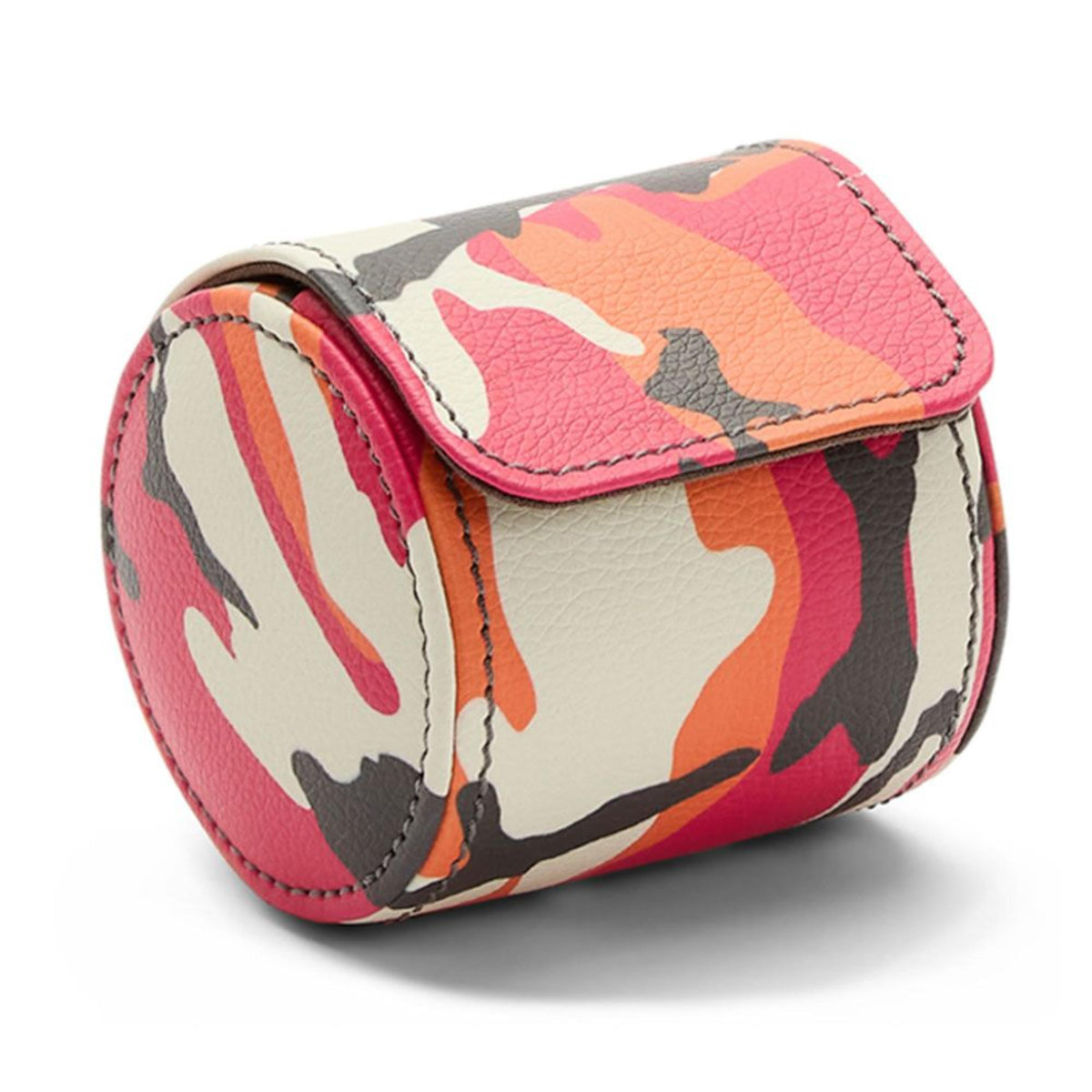 Single watch roll, camouflage faux-leather with snap flap and side stitching, pink orange black