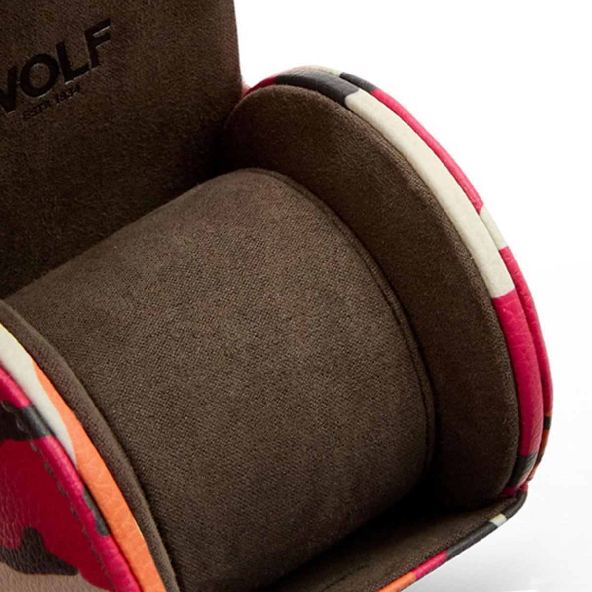 Single watch roll interior view with dark gray fabric lining and camo edge trim